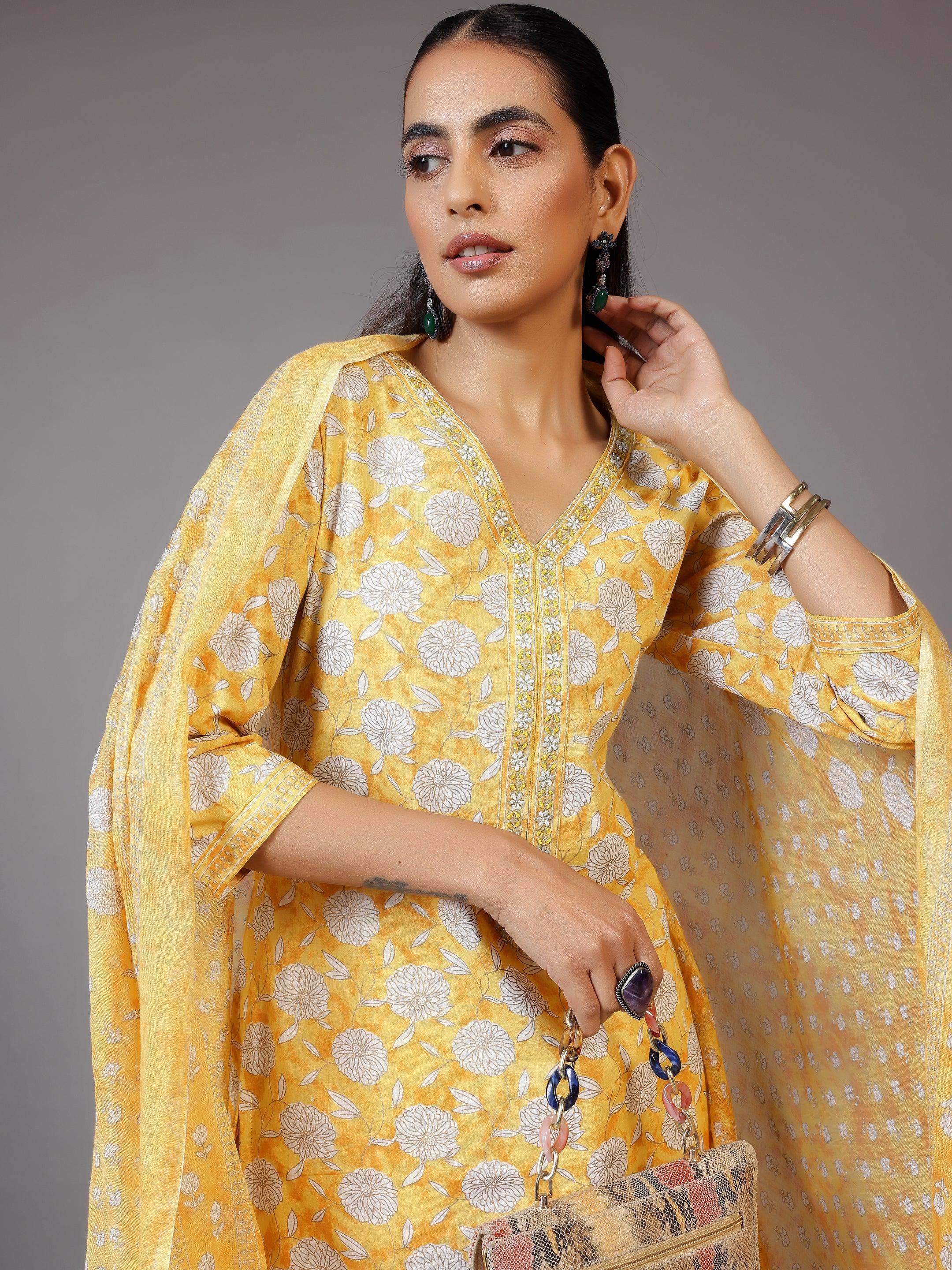 Yellow Printed Cotton Straight Suit With Dupatta