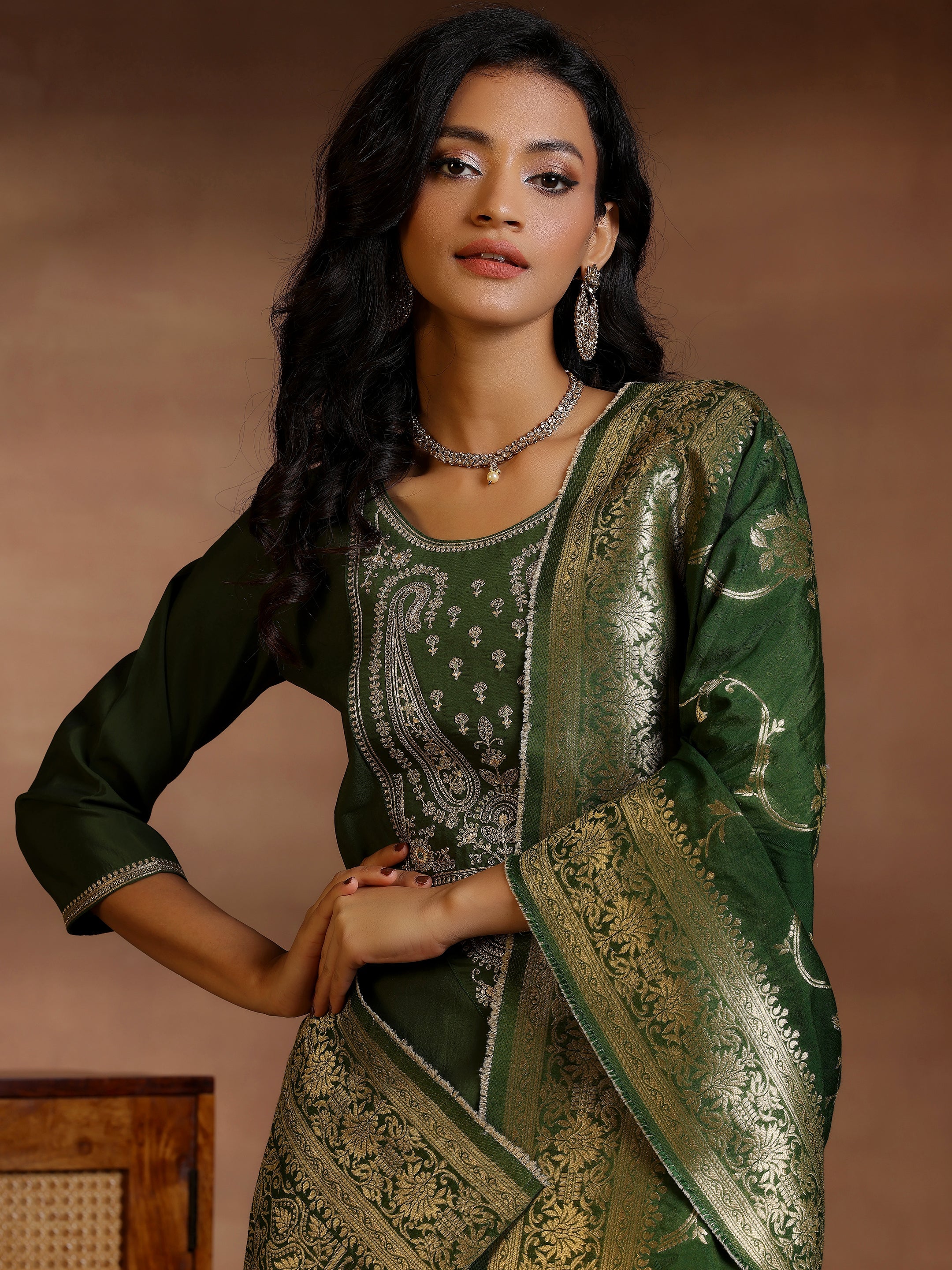 Olive Yoke Design Silk Blend Straight Suits With Dupatta