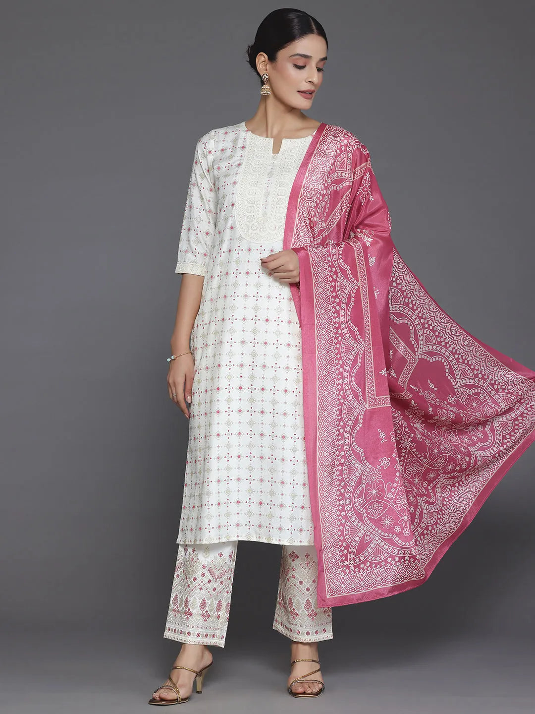 Off White Printed Silk Blend Straight Suit With Dupatta