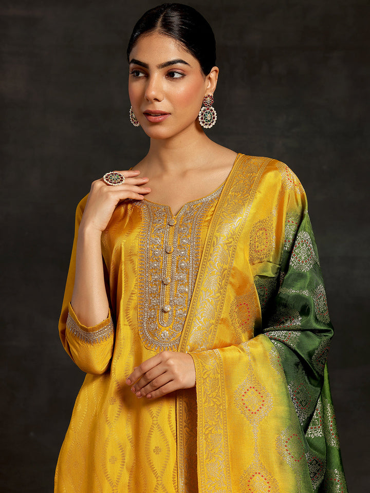 Mustard Woven Design Silk Blend Straight Suit With Dupatta