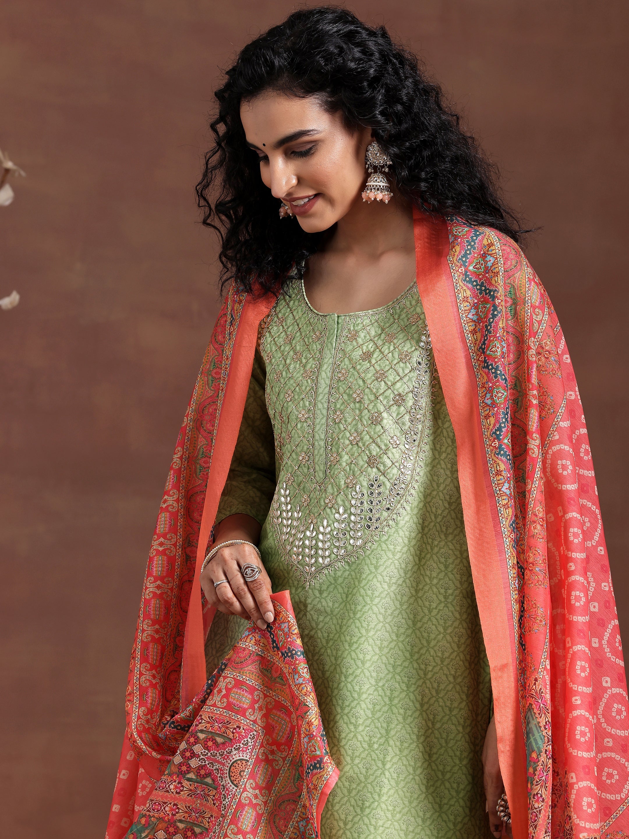 Green Printed Silk Blend Straight Suit With Dupatta