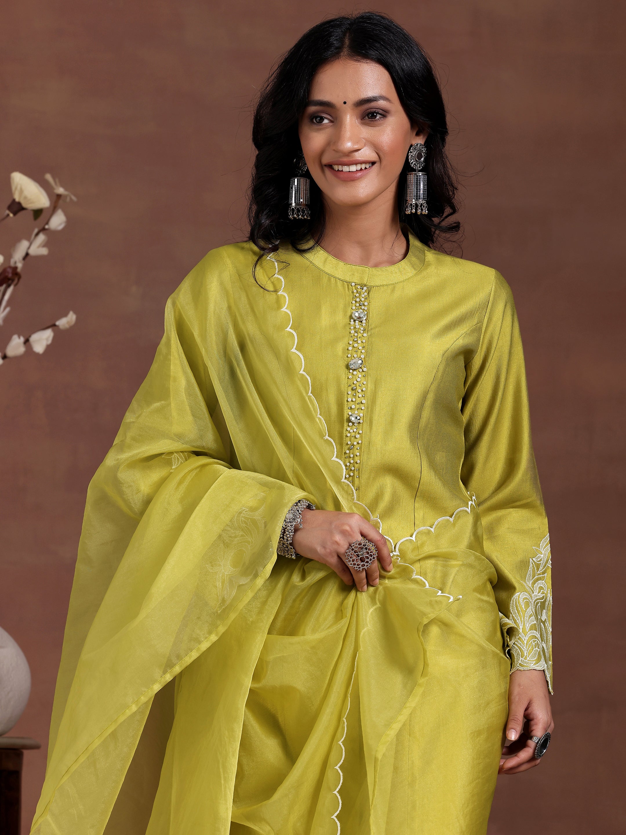 Lime Green Solid Silk Blend Straight Suit With Dupatta