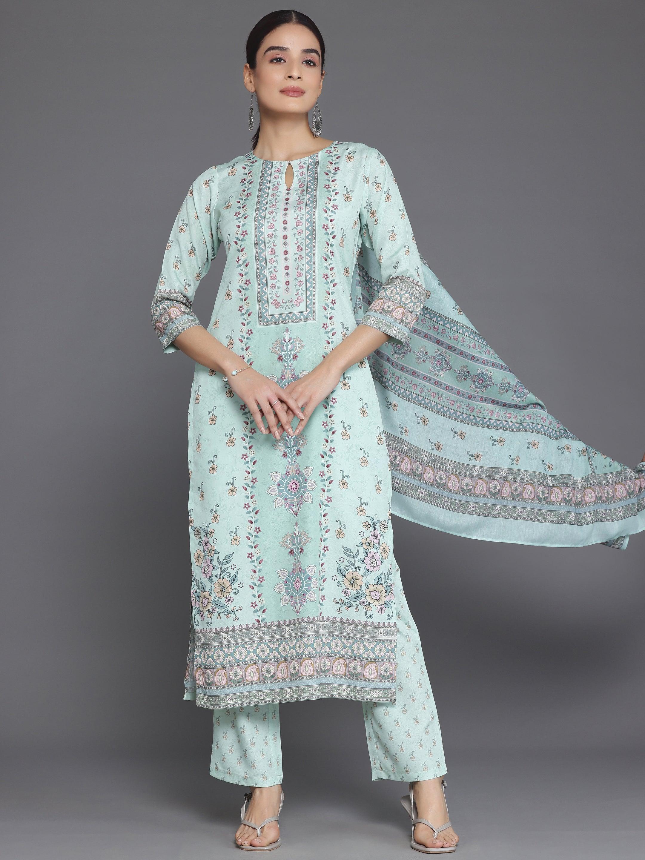 Green Printed Poly Crepe Straight Suit With Dupatta