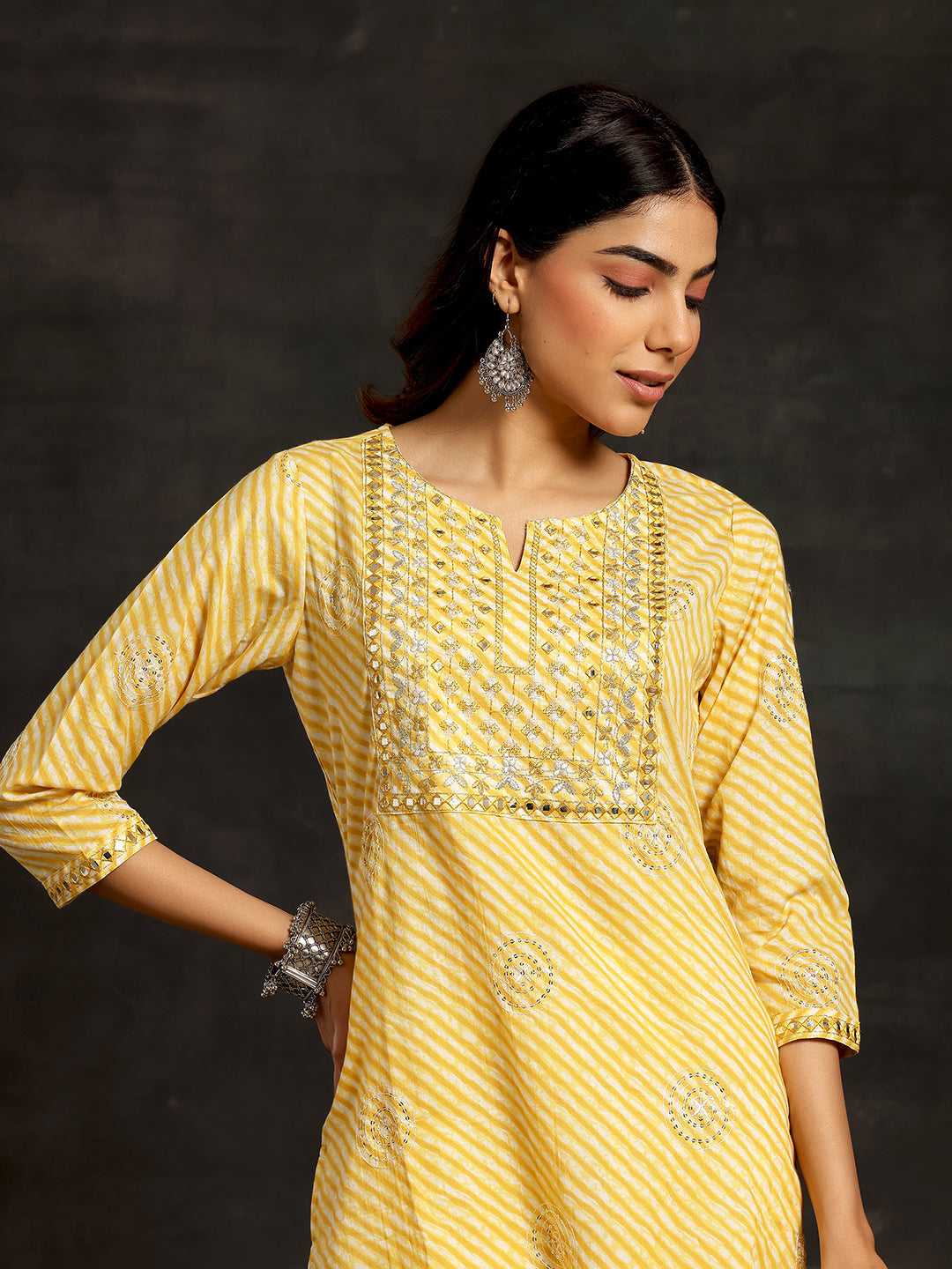 Yellow Printed Cotton Straight Kurta Set