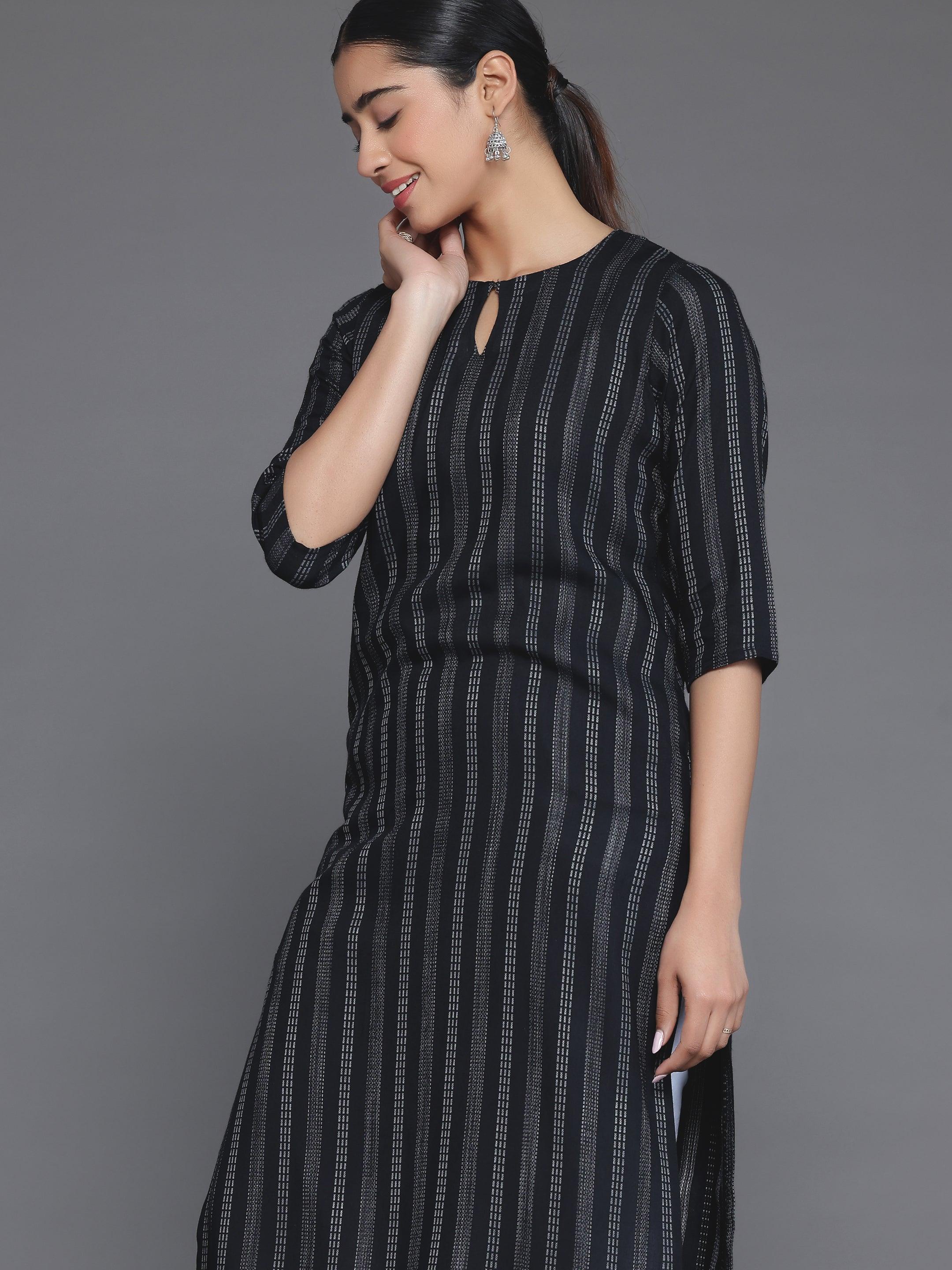 Black Striped Rayon Straight Kurta