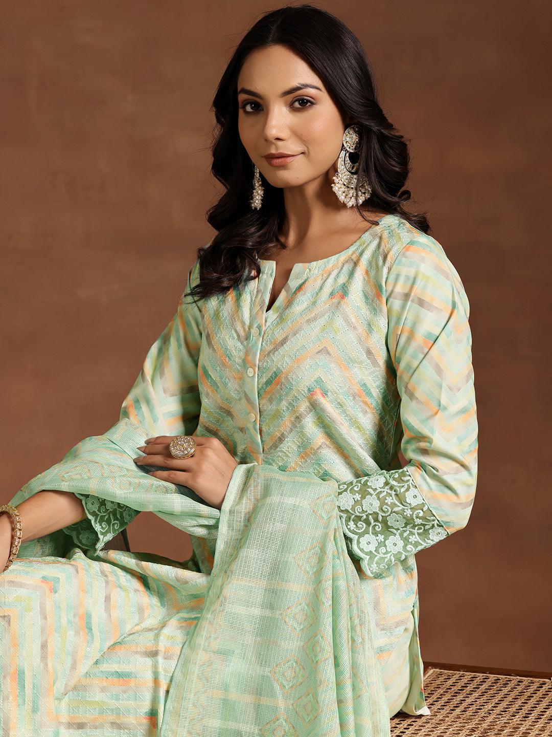 Green Embroidered Cotton Blend Straight Suit With Dupatta