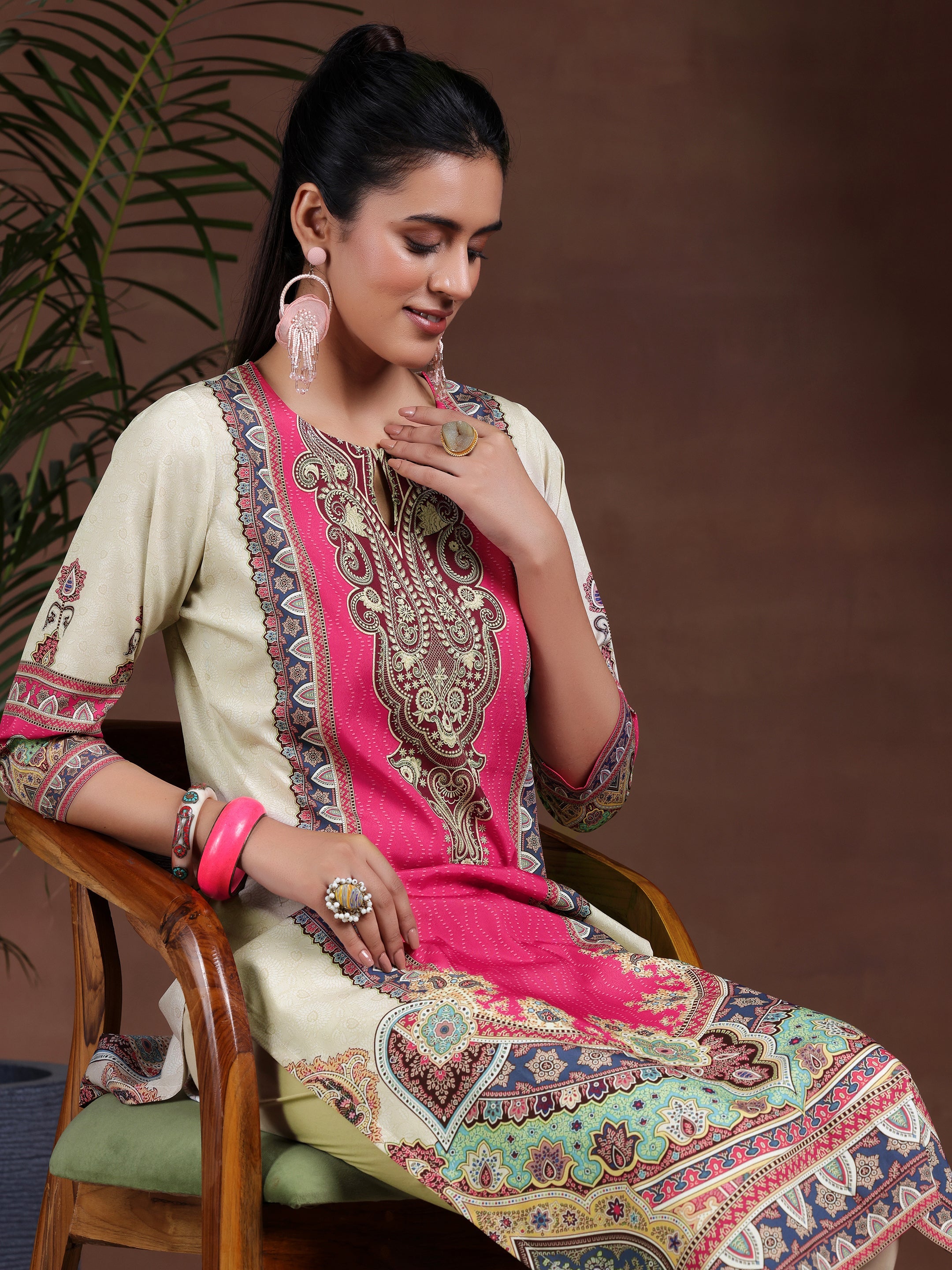 Beige Printed Crepe Straight Kurta