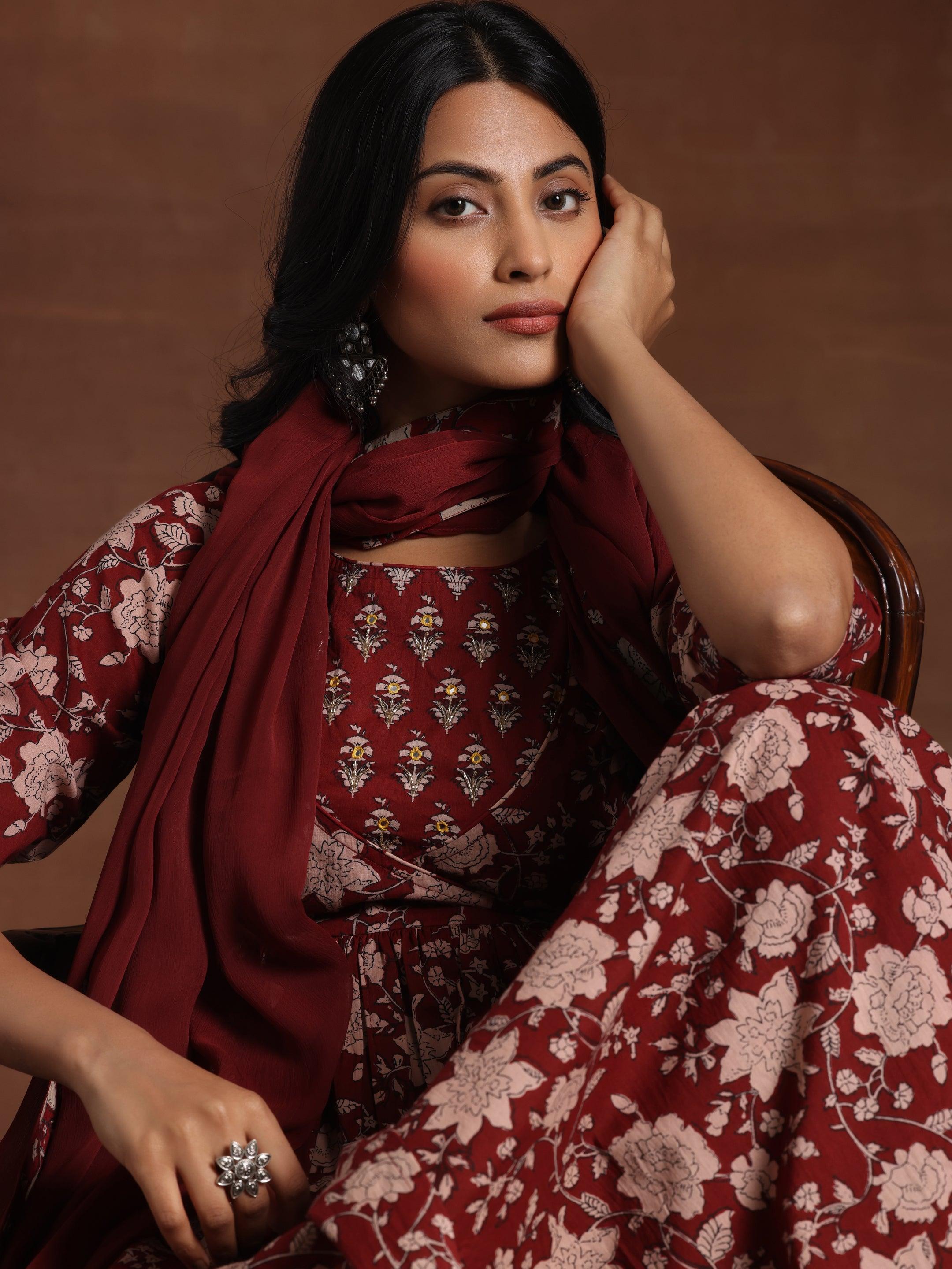 Maroon Printed Pure Cotton Anarkali Suit With Dupatta