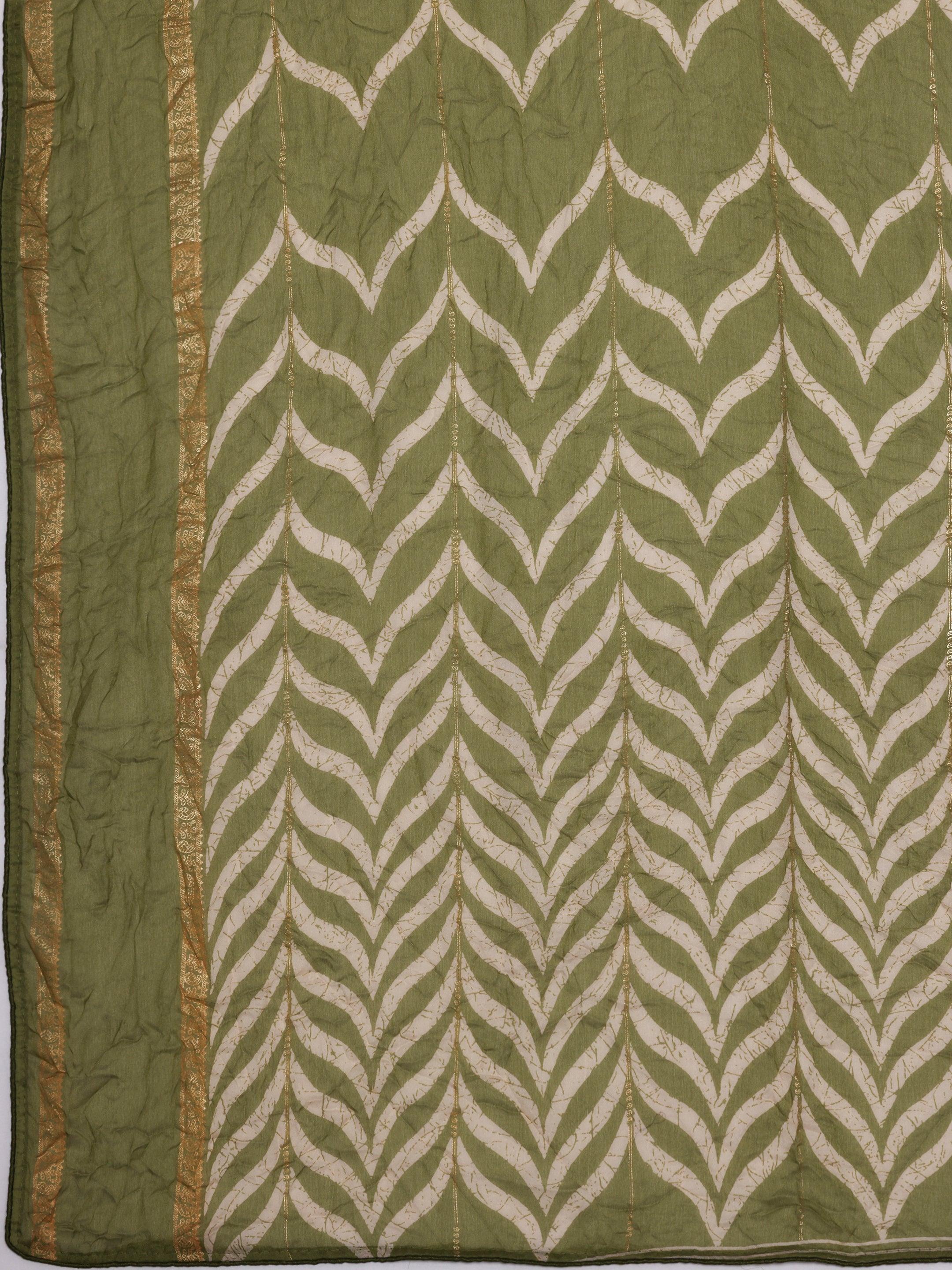 Green Printed Poly Georgette Saree With Unstitched Blouse Piece