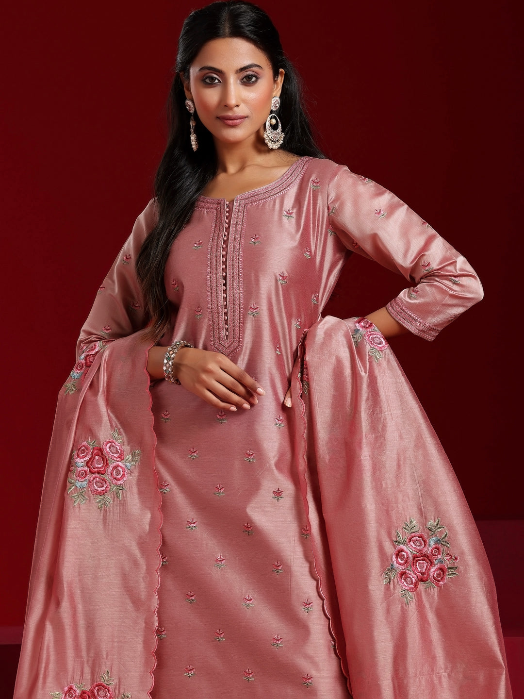 Libas Art Pink Embroidered Chanderi Silk Straight Suit With Dupatta