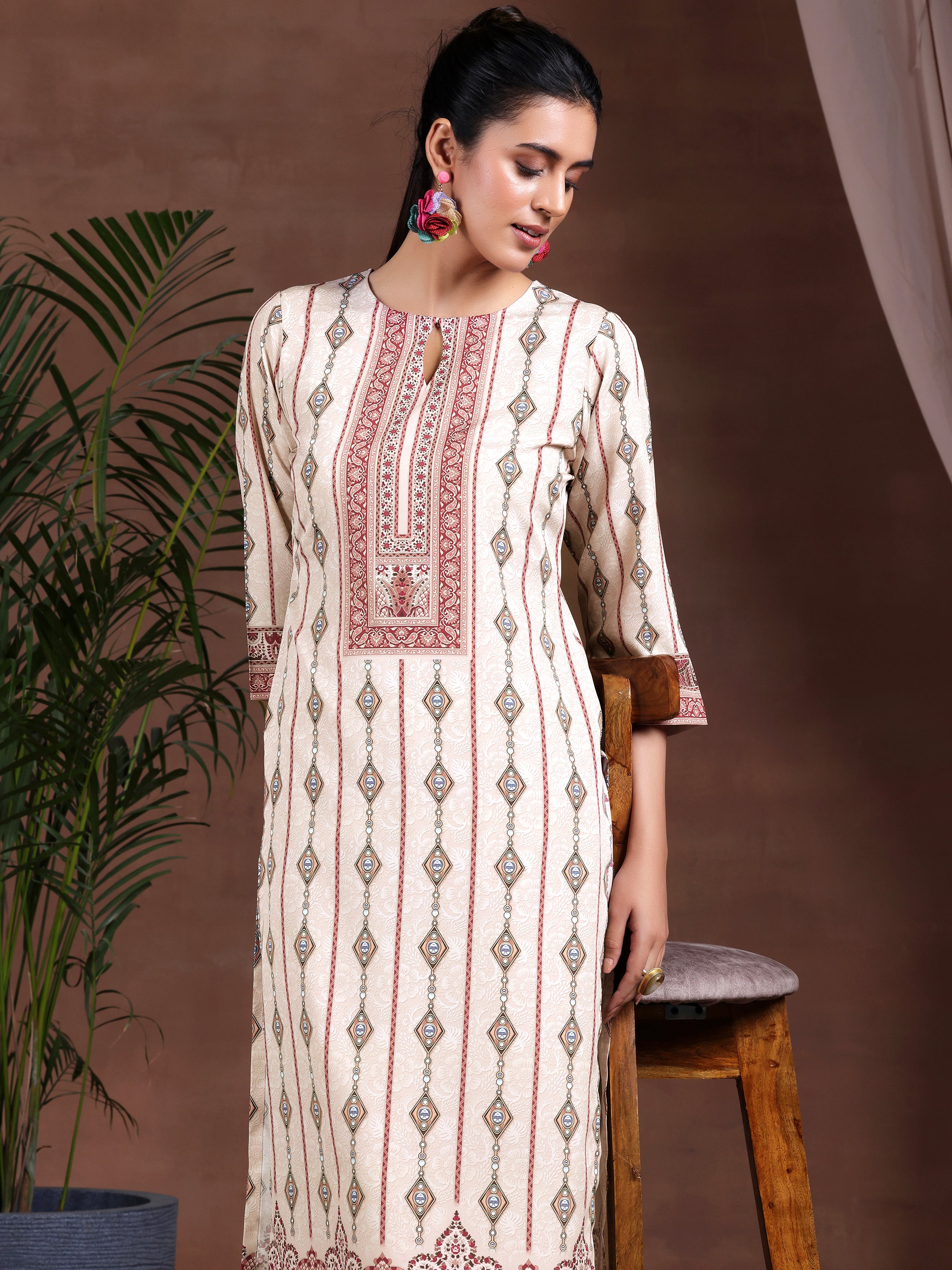 Beige Printed Poly Crepe Straight Suit With Dupatta