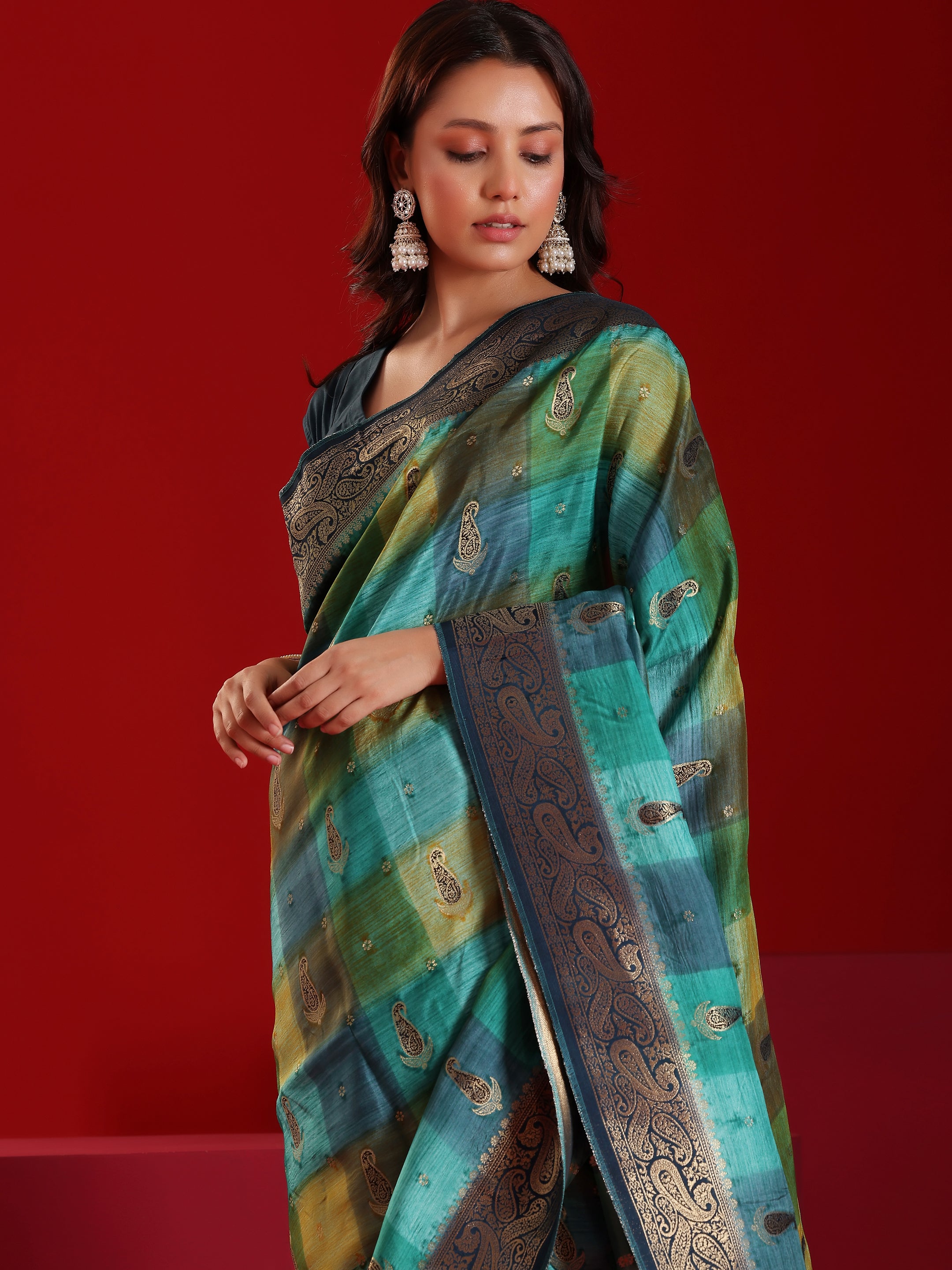 Libas Art Blue Woven Design Satin Saree With Unstitched  Blouse Piece