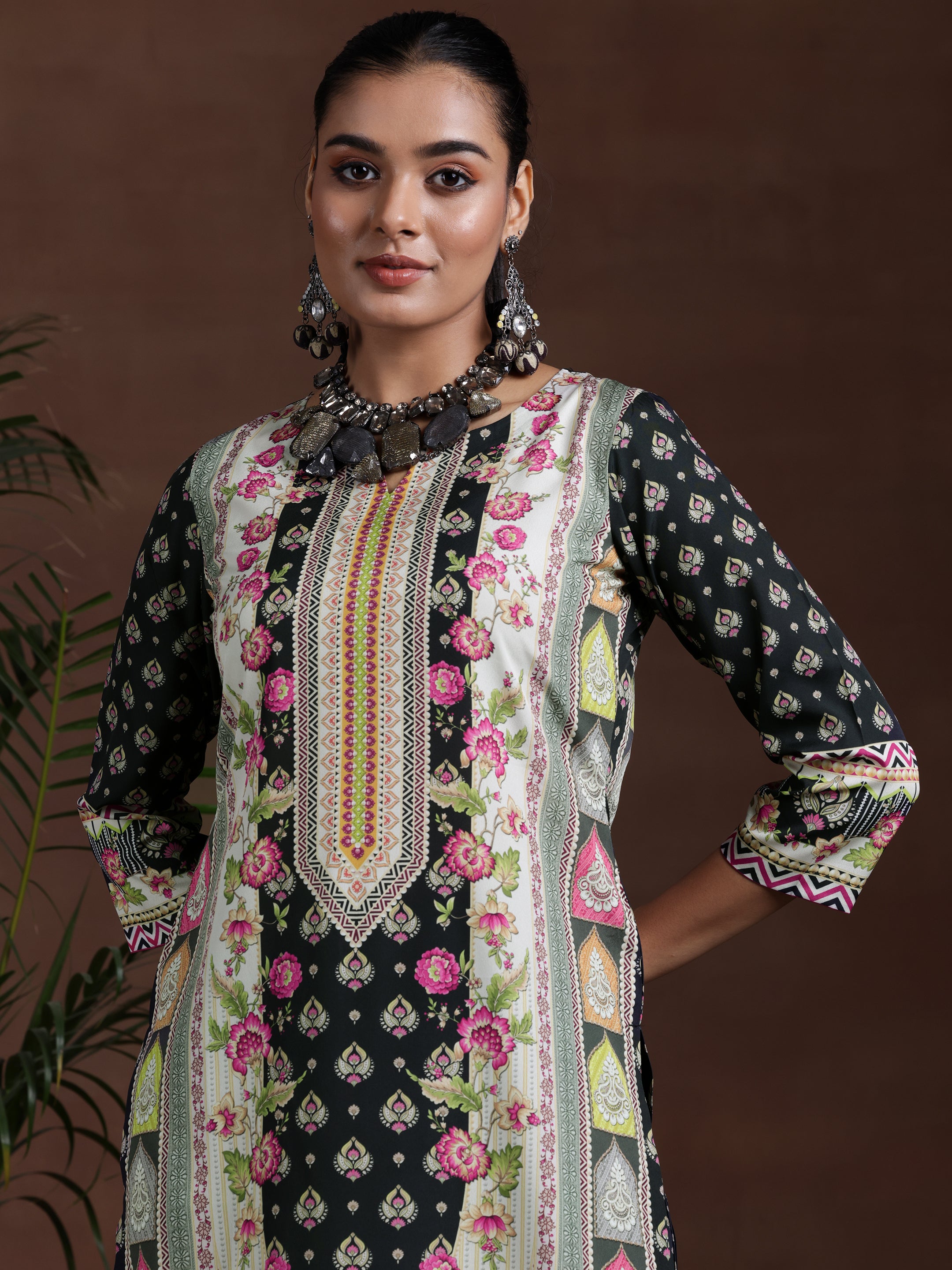 Black Printed Poly Crepe Straight Suit With Dupatta