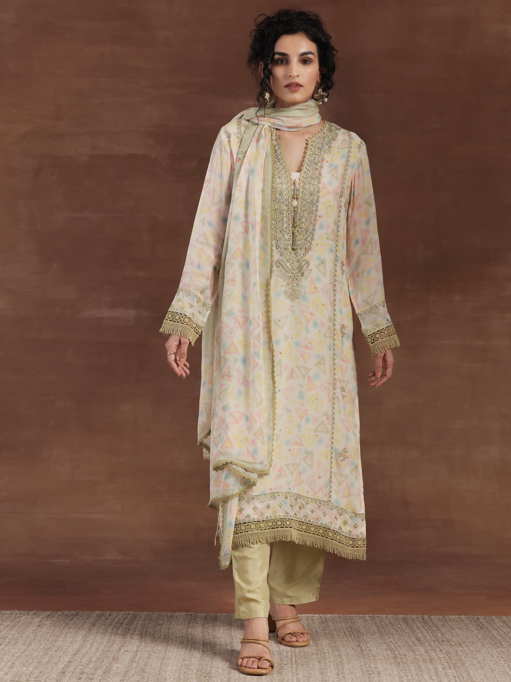 Olive Embroidered Organza Straight Suit With Dupatta