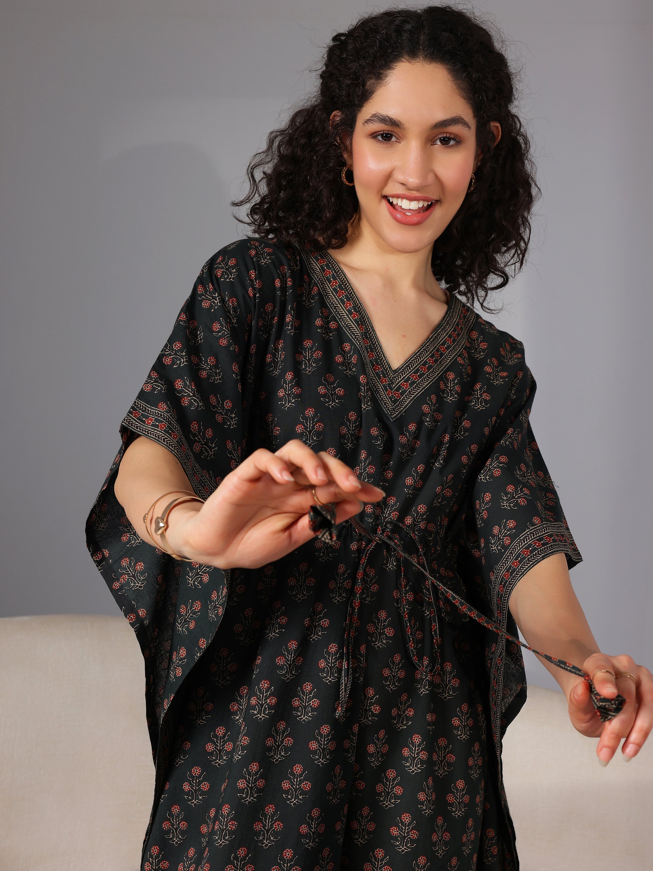 Dark Green Printed Cotton Kaftan Night Dress