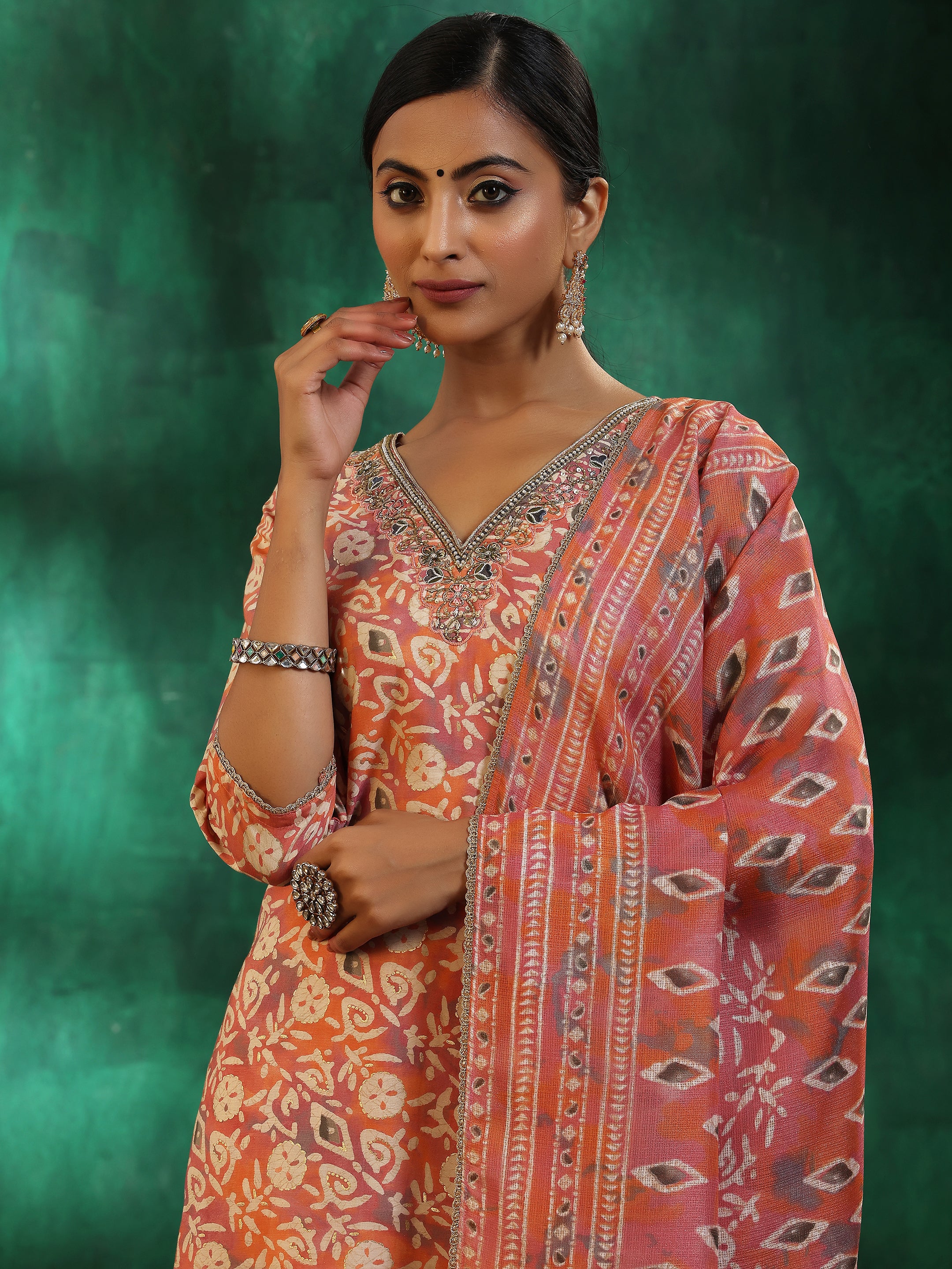 Peach Printed Silk Blend Straight Suit With Dupatta