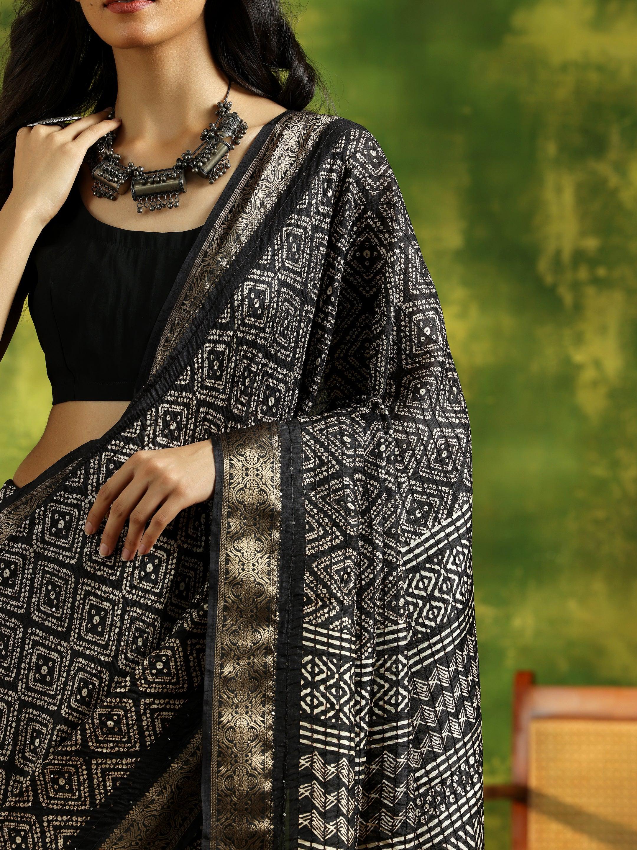 Black Printed Silk Blend Saree With Unstitched Blouse Piece