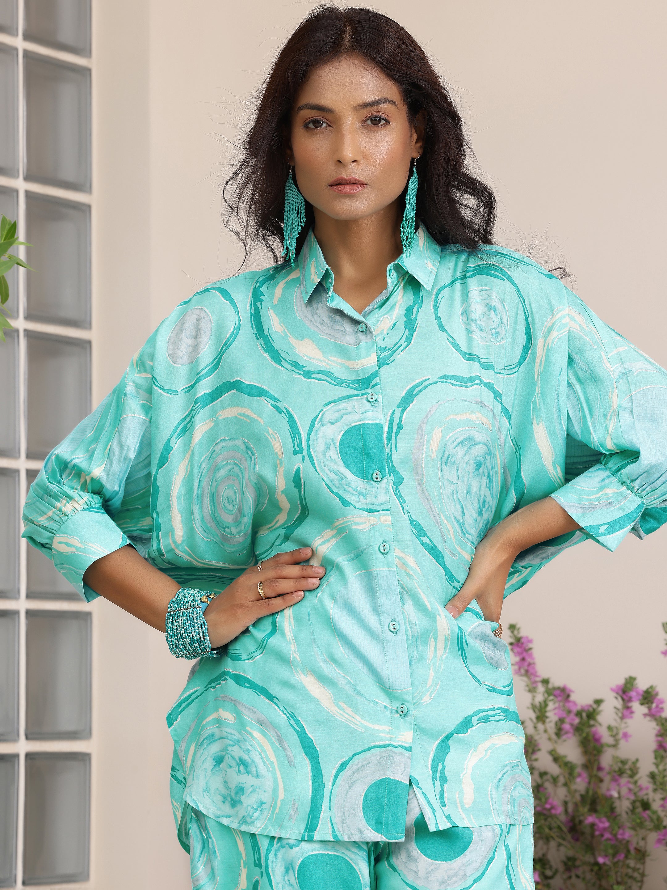 Blue Printed Silk Blend Co-Ords