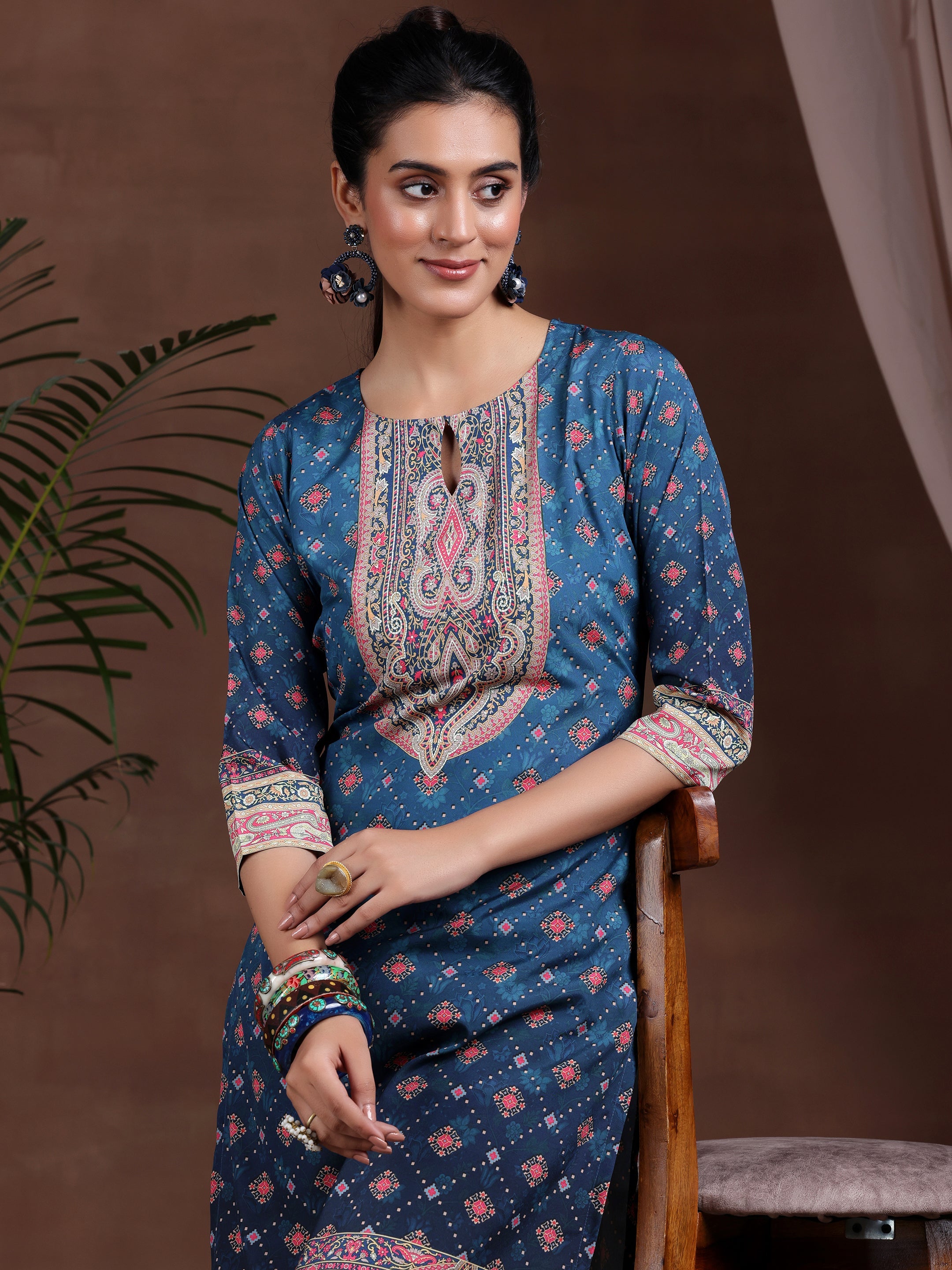 Blue Printed Crepe Straight Kurta