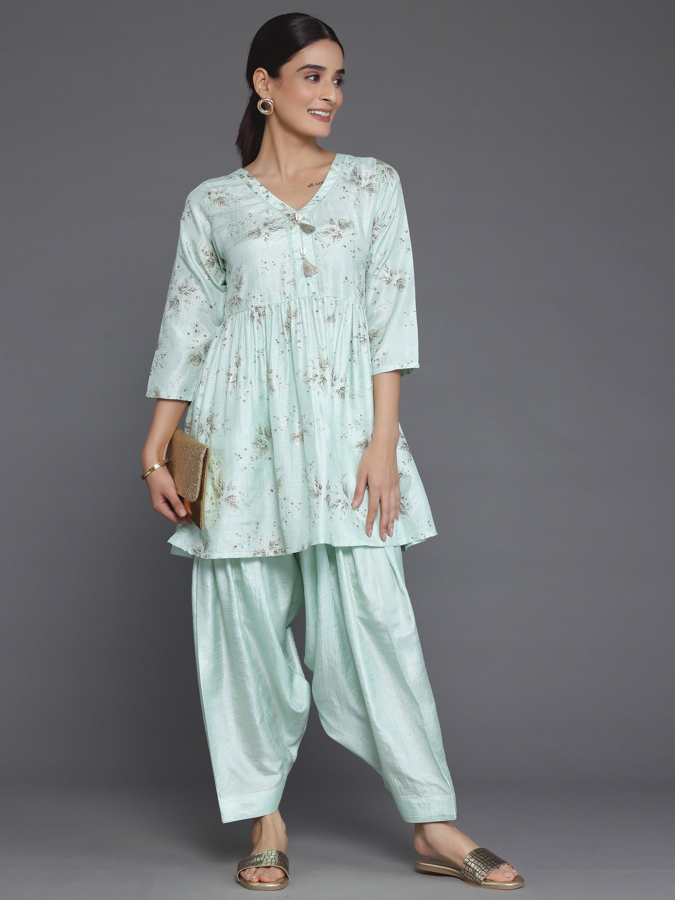 Sea Green Printed Silk Blend A-Line Kurta With Salwar