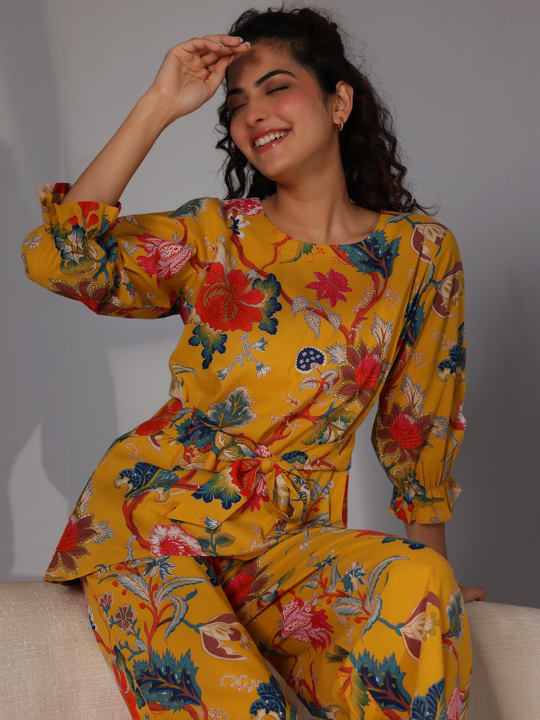 Mustard Printed Cotton Night Suits