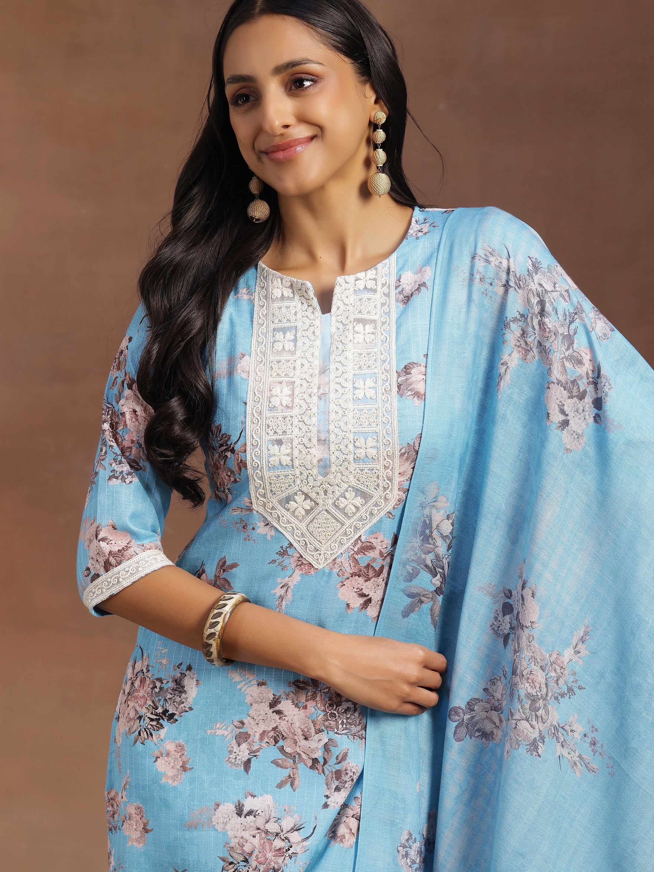 Blue Printed Cotton Straight Suit With Dupatta