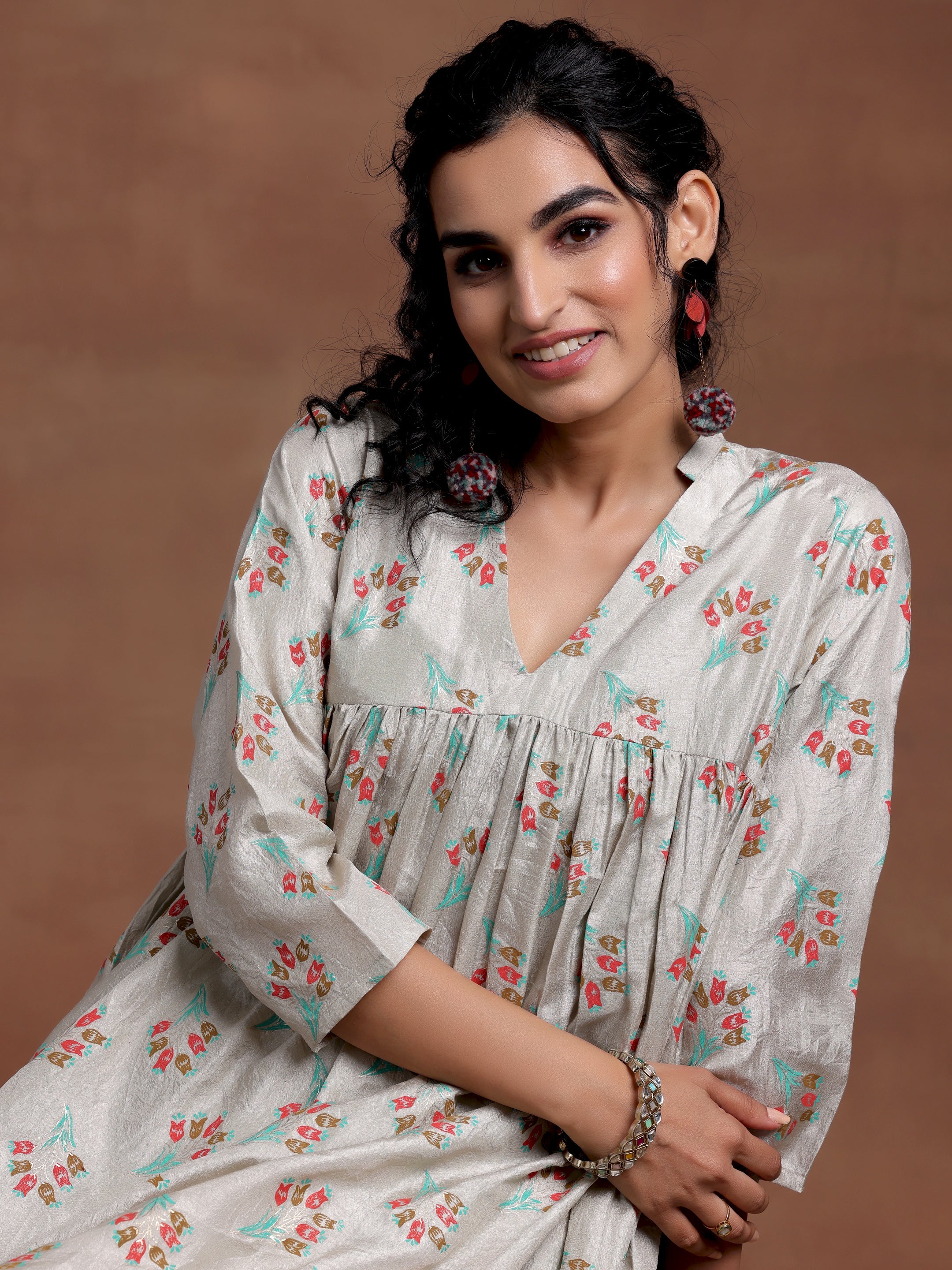 Grey Printed Silk Blend A-Line Kurta With Trousers