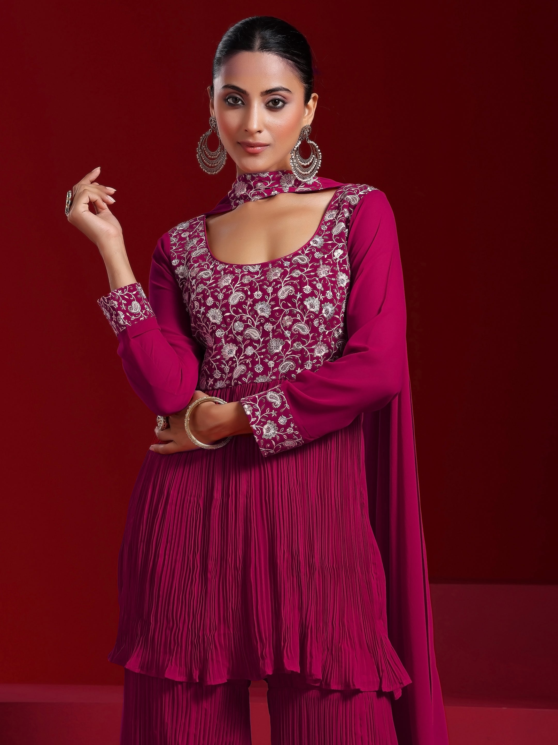 Libas Art Pink Embroidered Georgette A-Line Kurta With Sharara & Dupatta