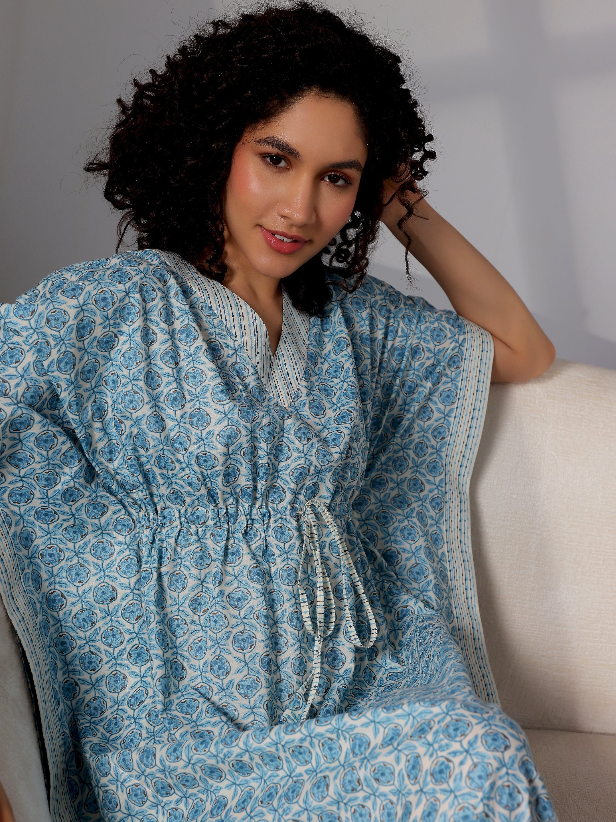 Blue Printed Cotton Kaftan Night Dress