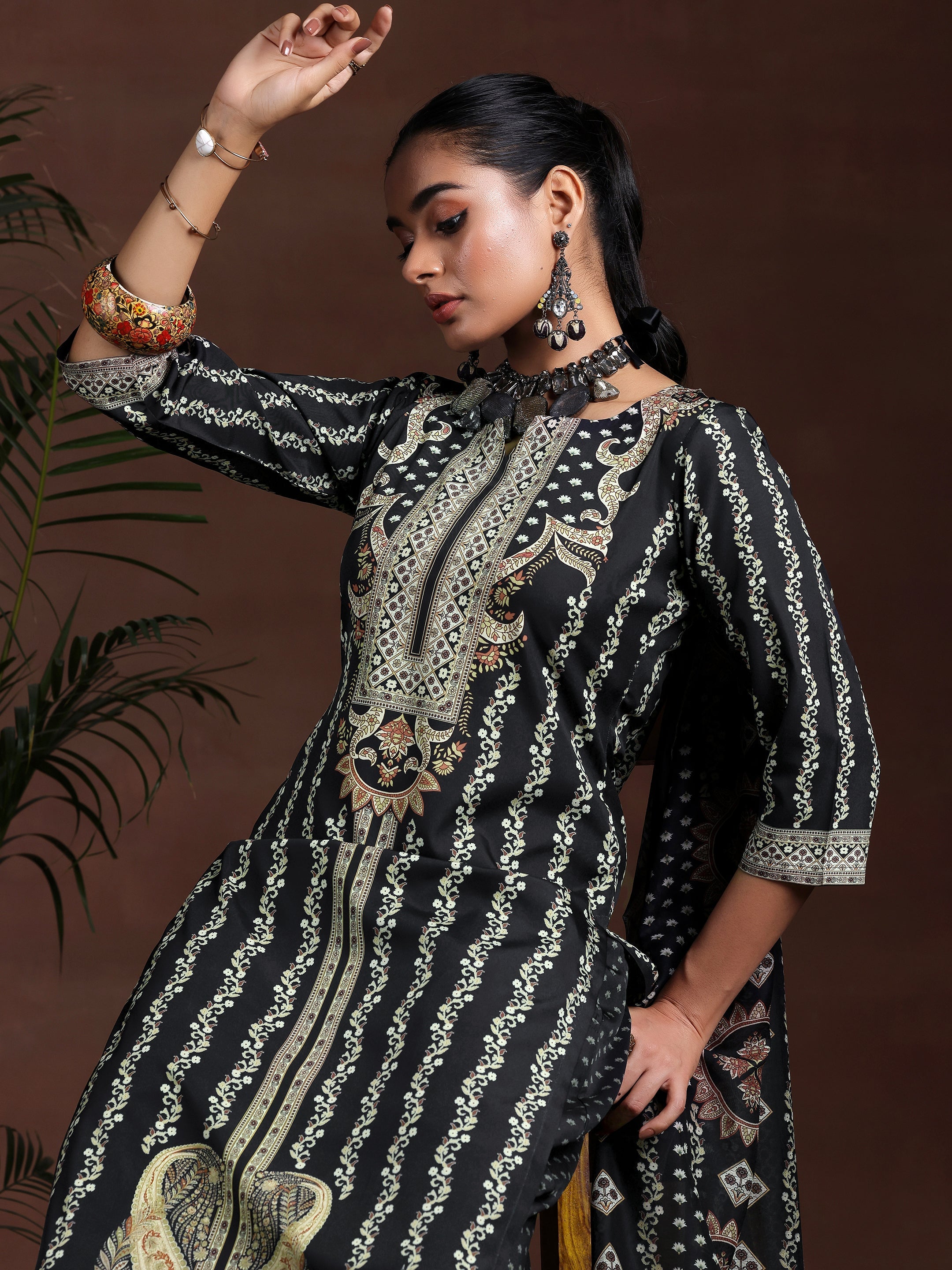 Black Printed Poly Crepe Straight Suit With Dupatta