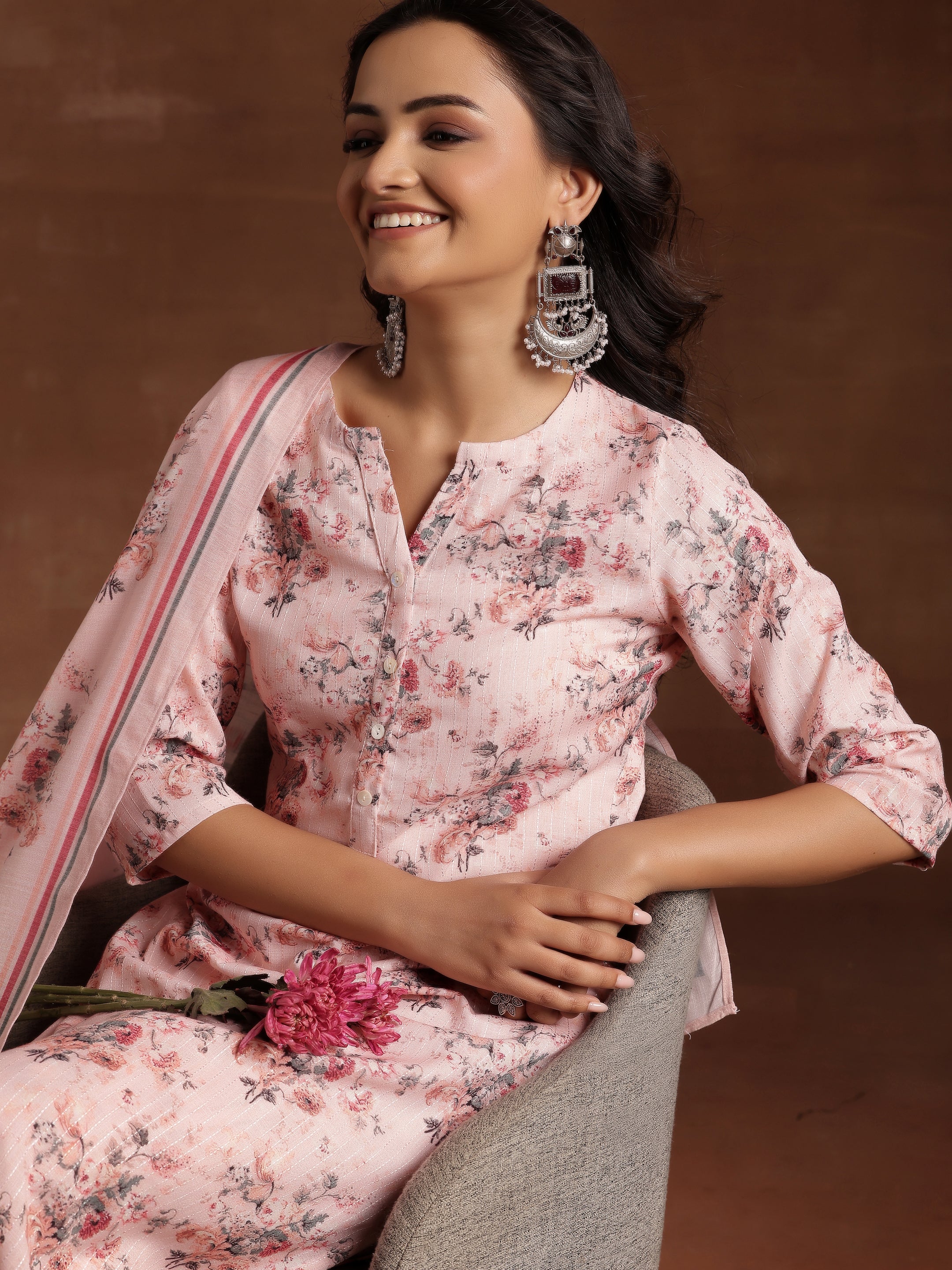 Peach Printed Cotton Straight Suit With Dupatta