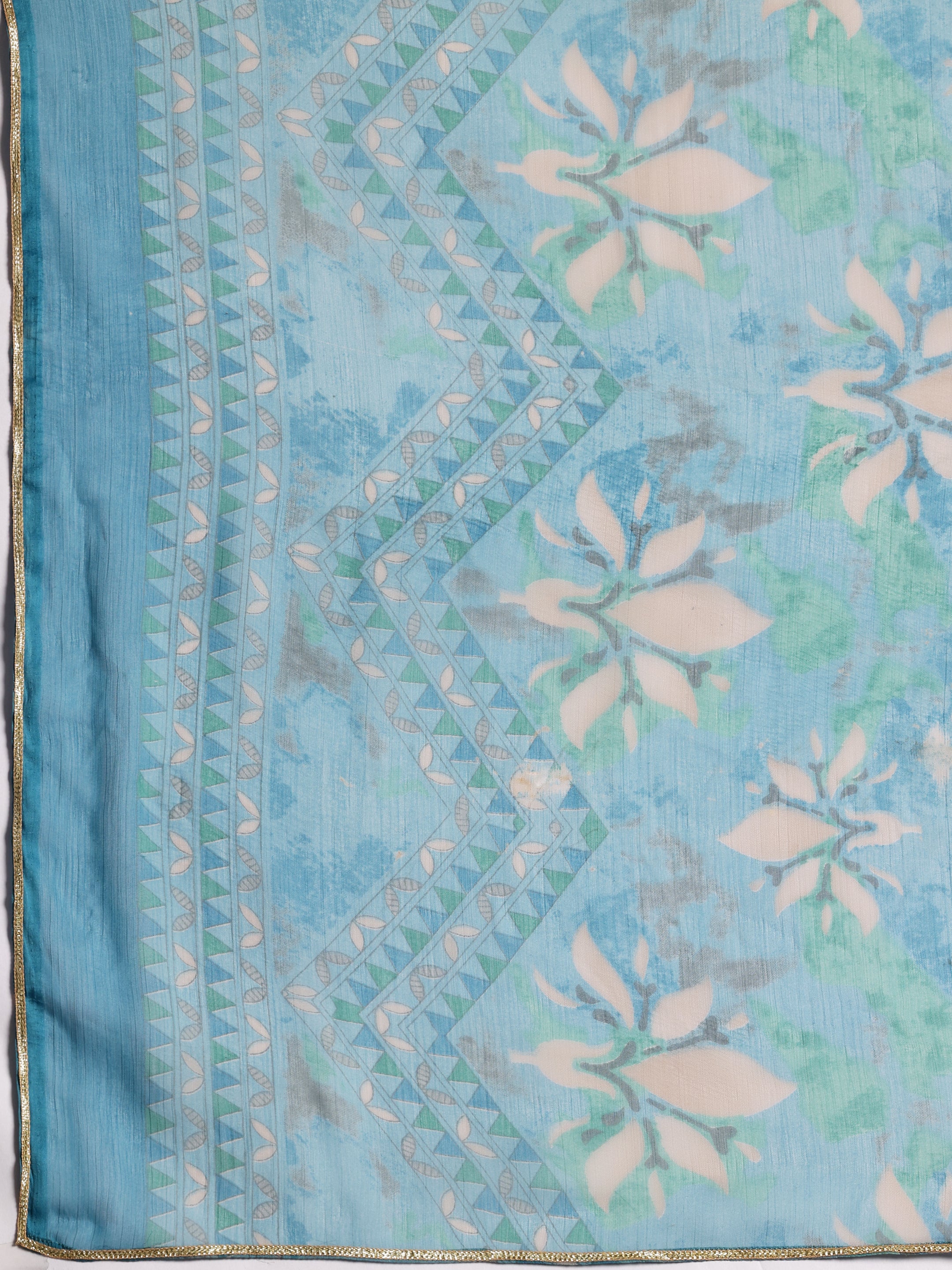 Blue Printed Silk Blend A-Line Kurta With Palazzos & Dupatta