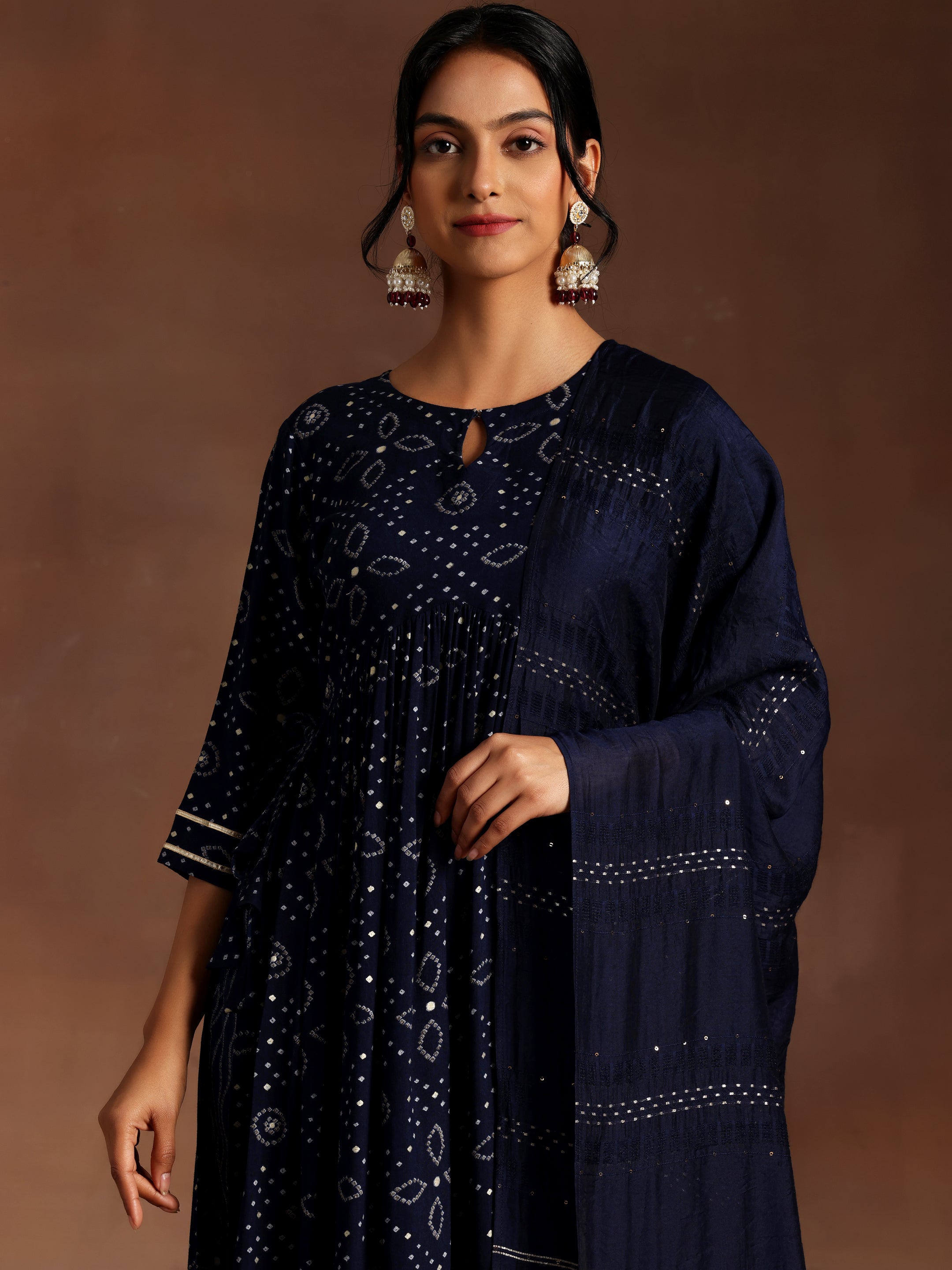 Blue Printed Rayon A-Line Kurta With Palazzos & Dupatta