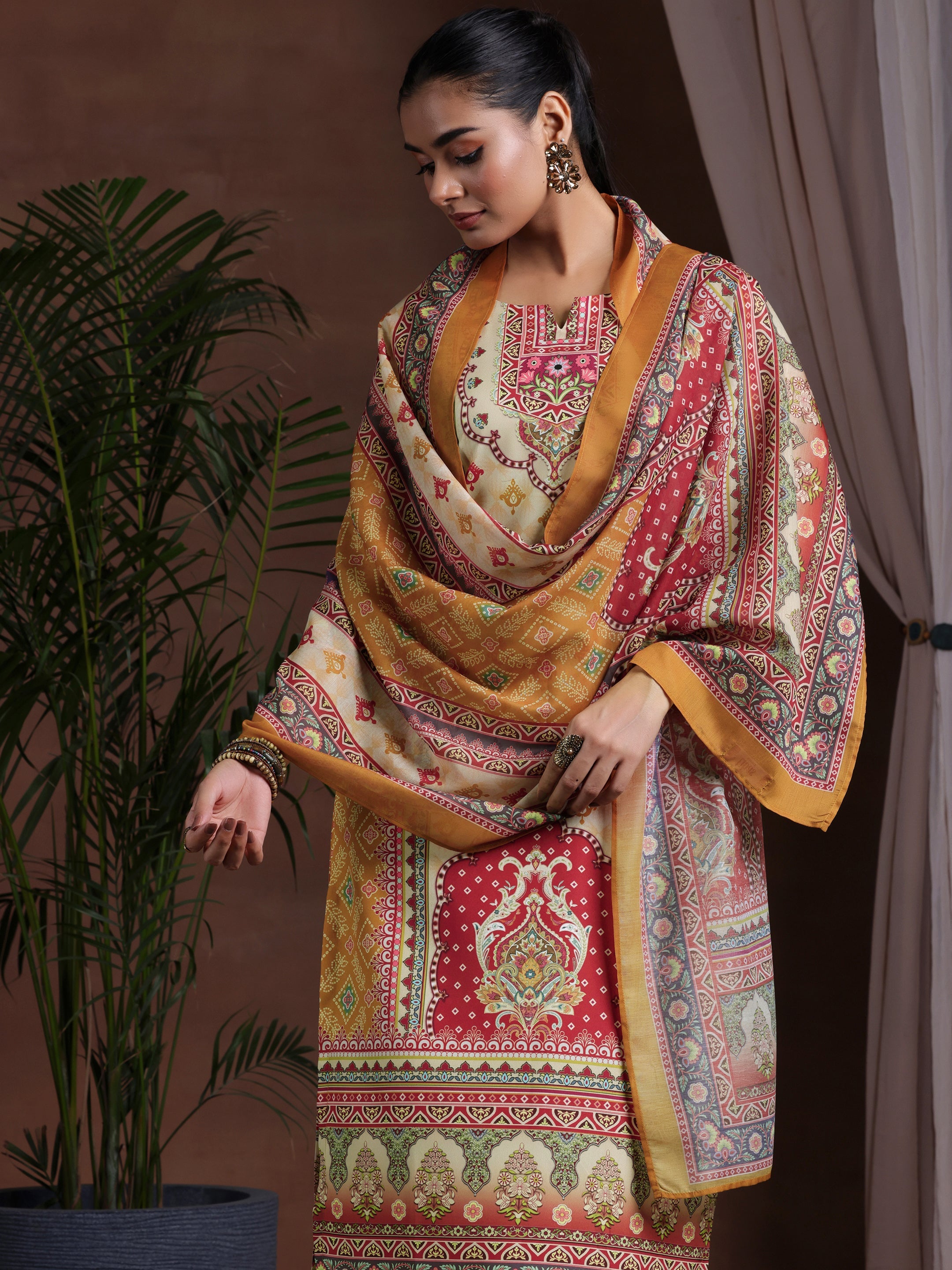 Mustard Printed Poly Crepe Straight Suit With Dupatta