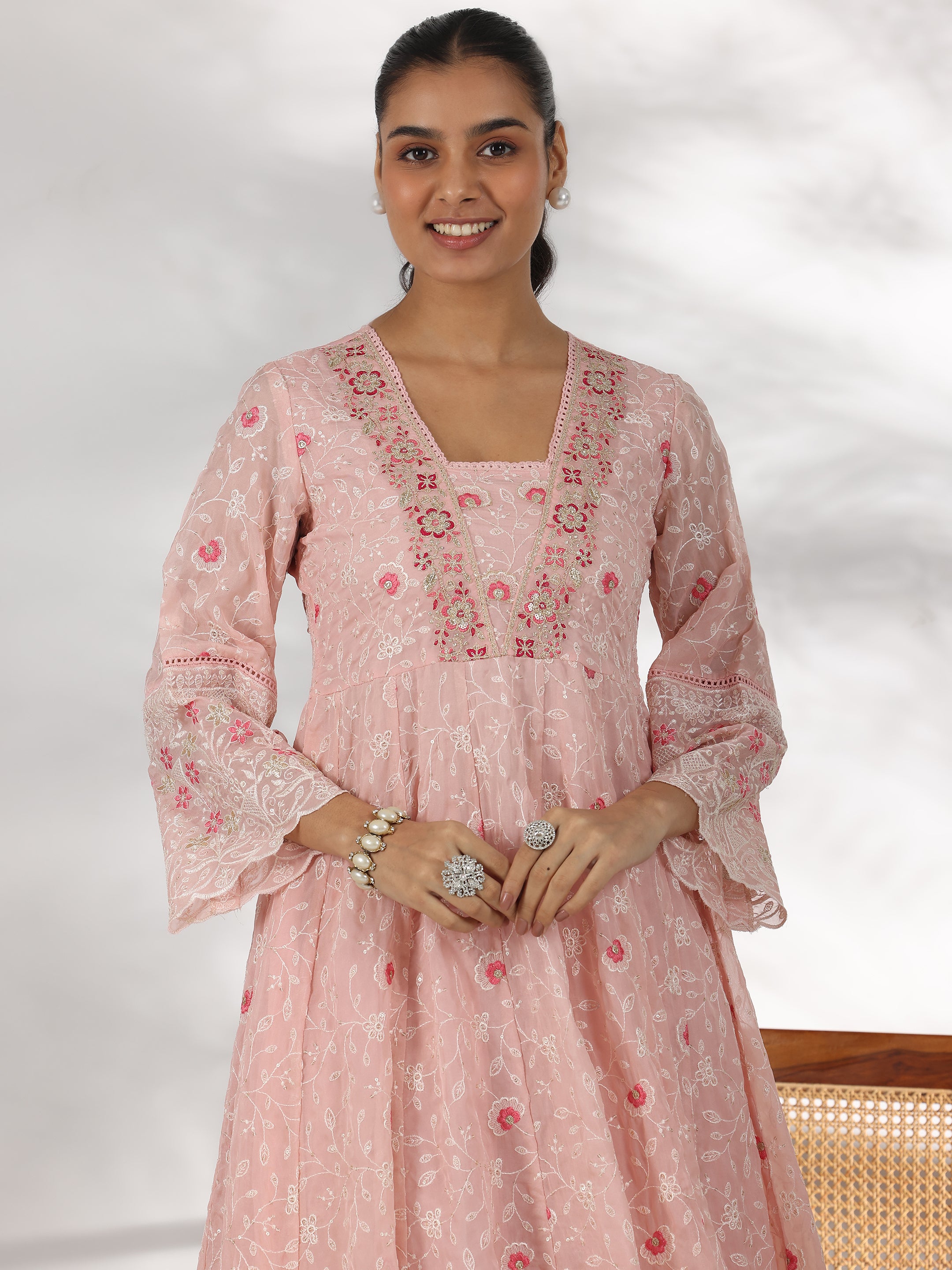 Pink Embroidered Organza Anarkali Suit With Dupatta