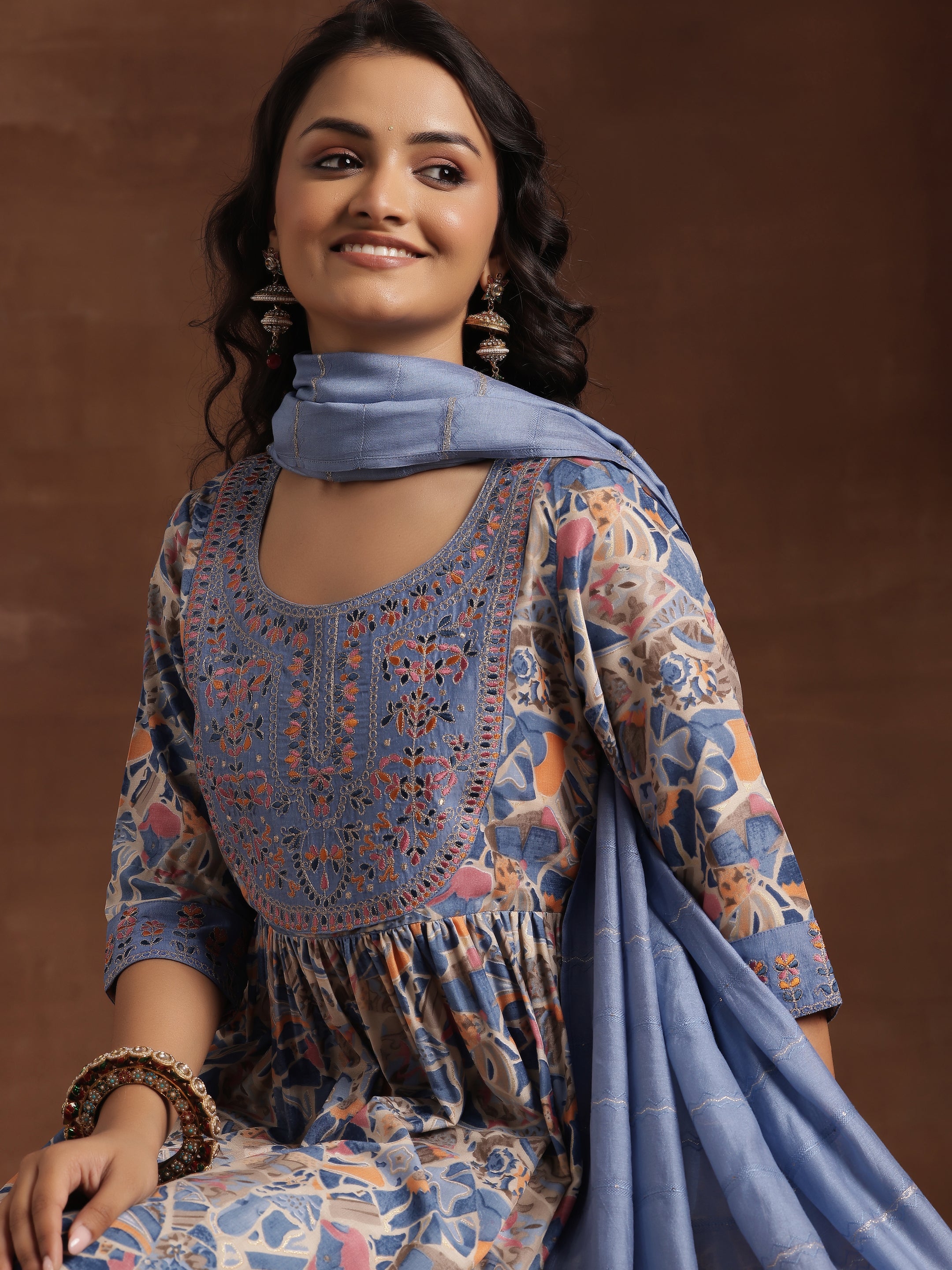 Blue Printed Silk Blend A-Line Kurta With Trousers & Dupatta