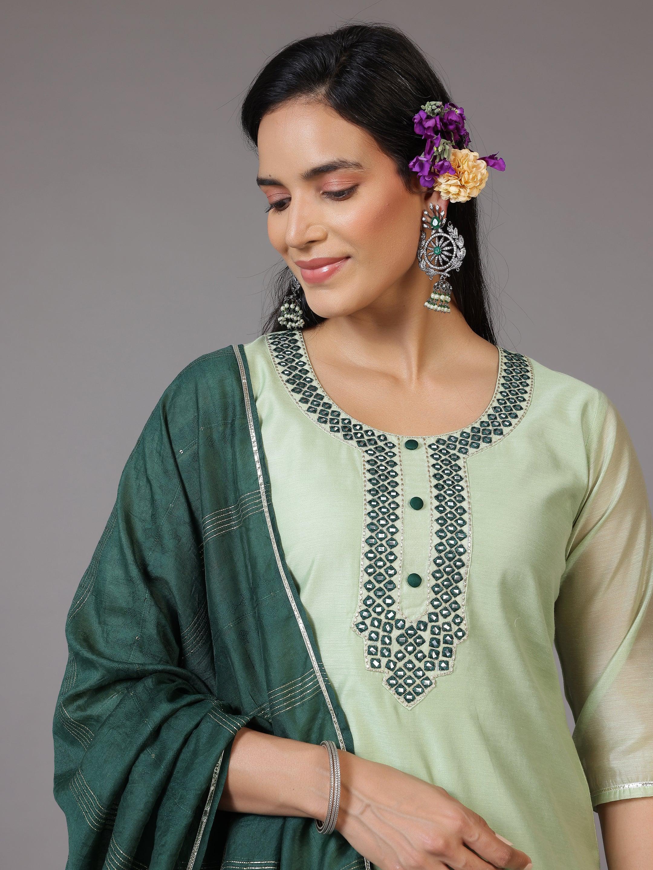 Green Yoke Design Chanderi Silk Straight Kurta With Trousers & Dupatta