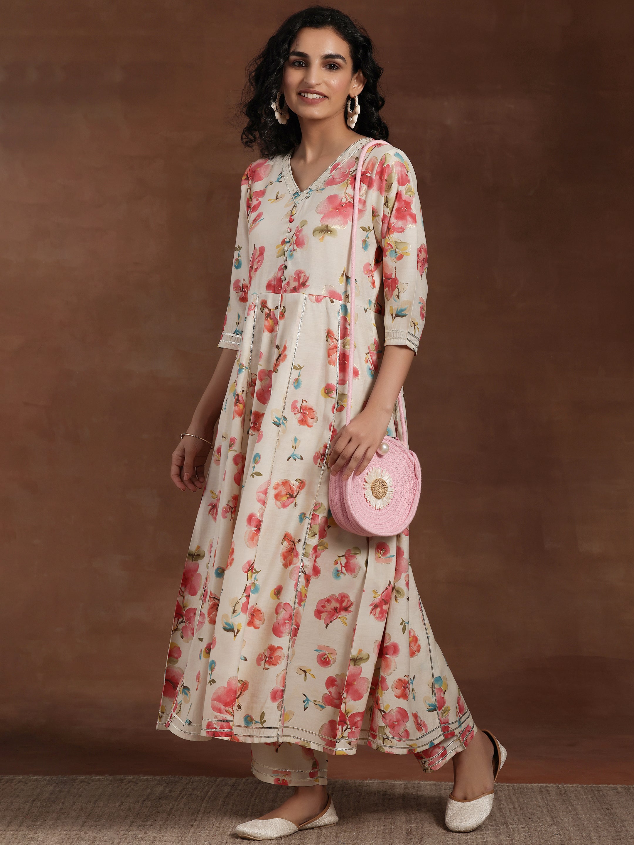 Off White Printed Silk Blend Anarkali Kurta Set