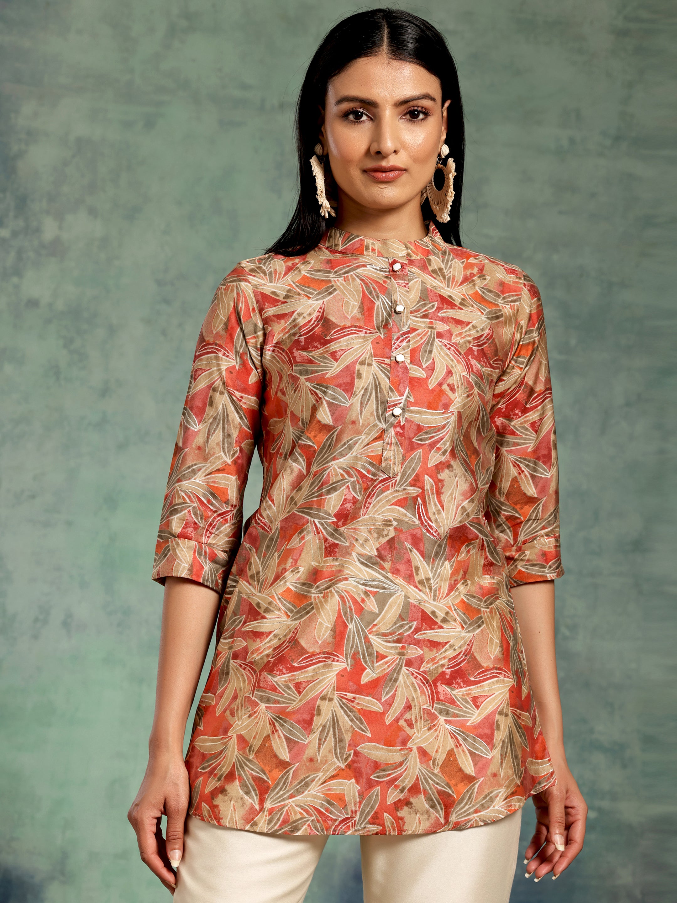 Beige Printed Silk Blend Straight Kurti