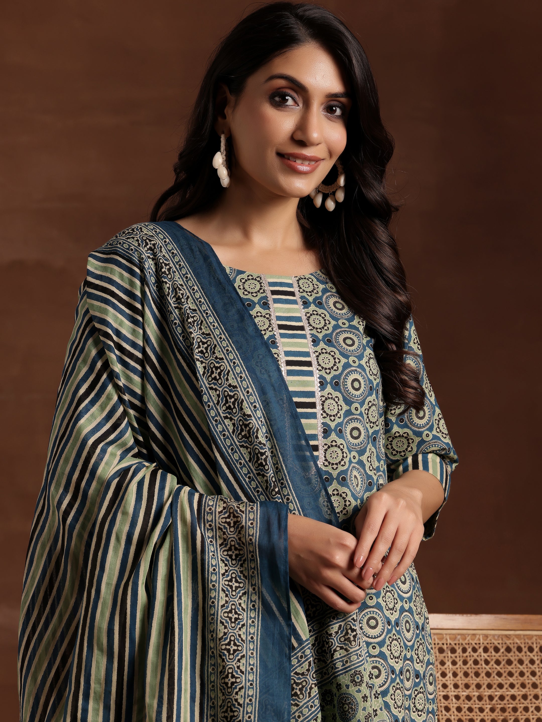 Blue Printed Cotton Straight Suit With Dupatta