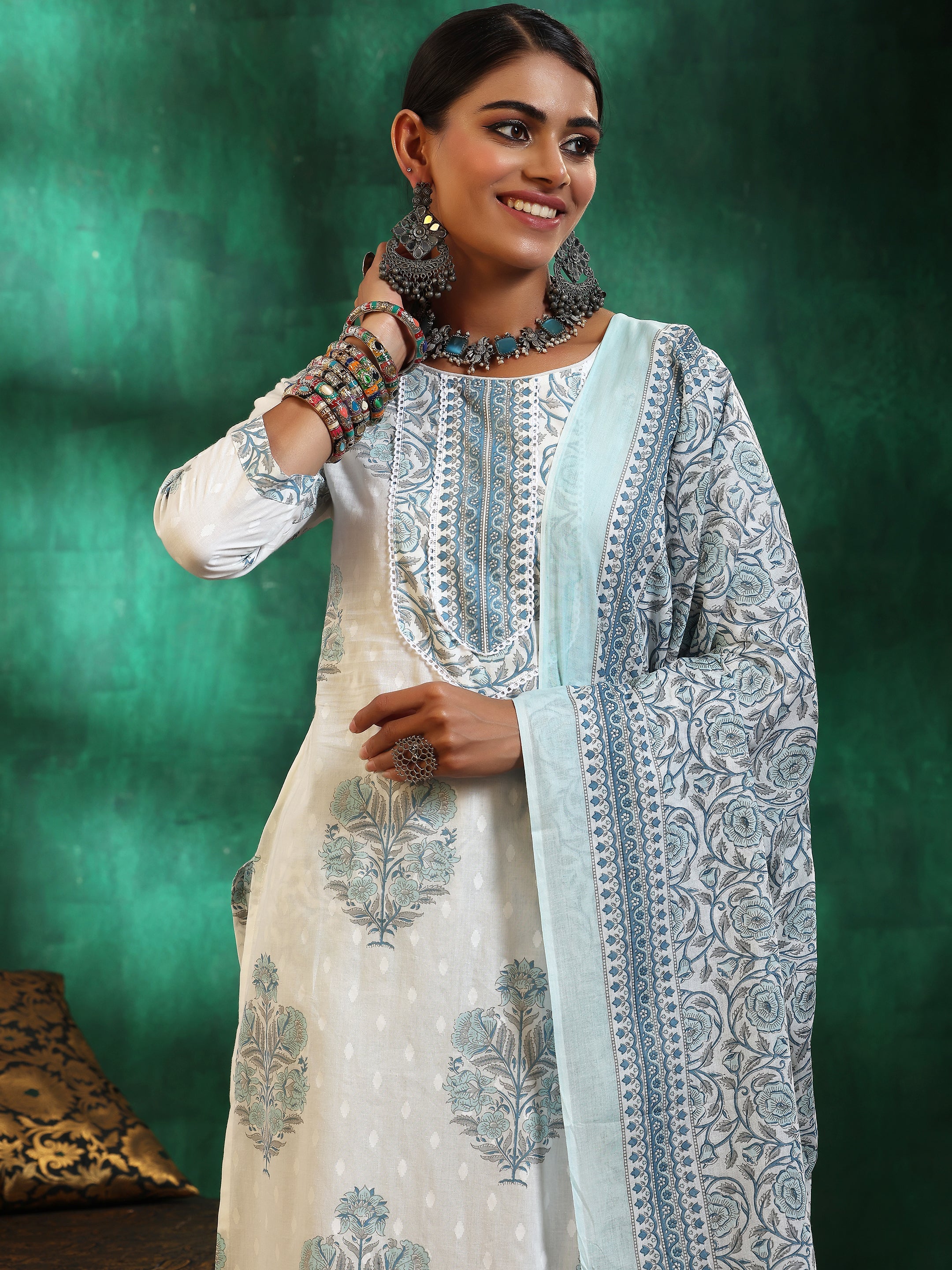 Off White Printed Cotton Straight Suit With Dupatta