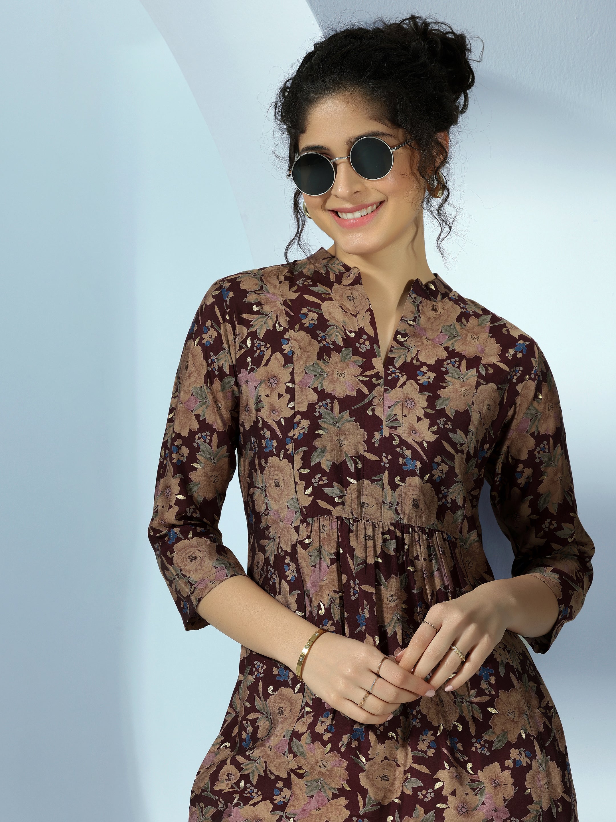 Maroon Printed Silk Blend Straight Kurti