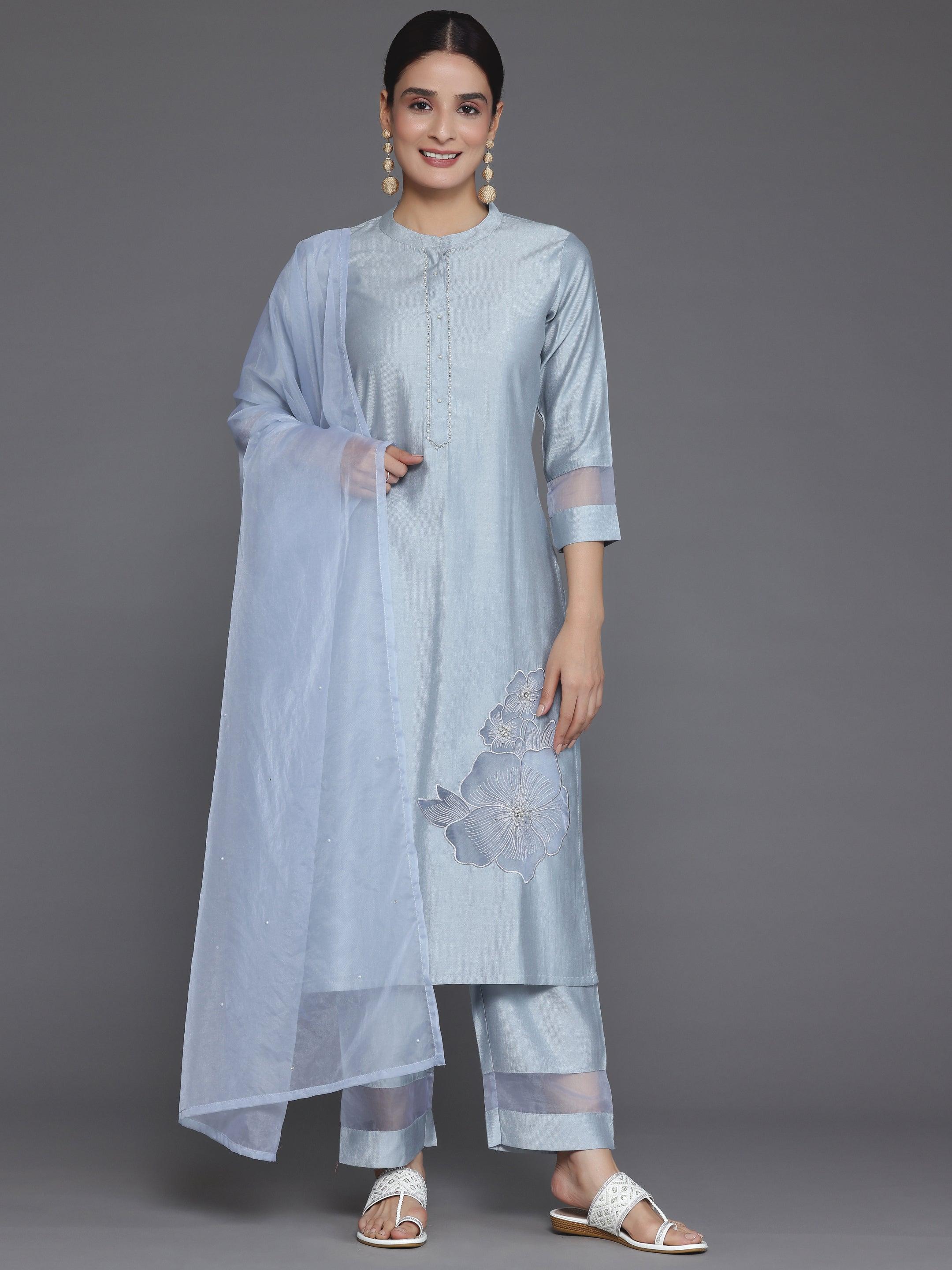 Grey Solid Silk Blend Straight Suit With Dupatta