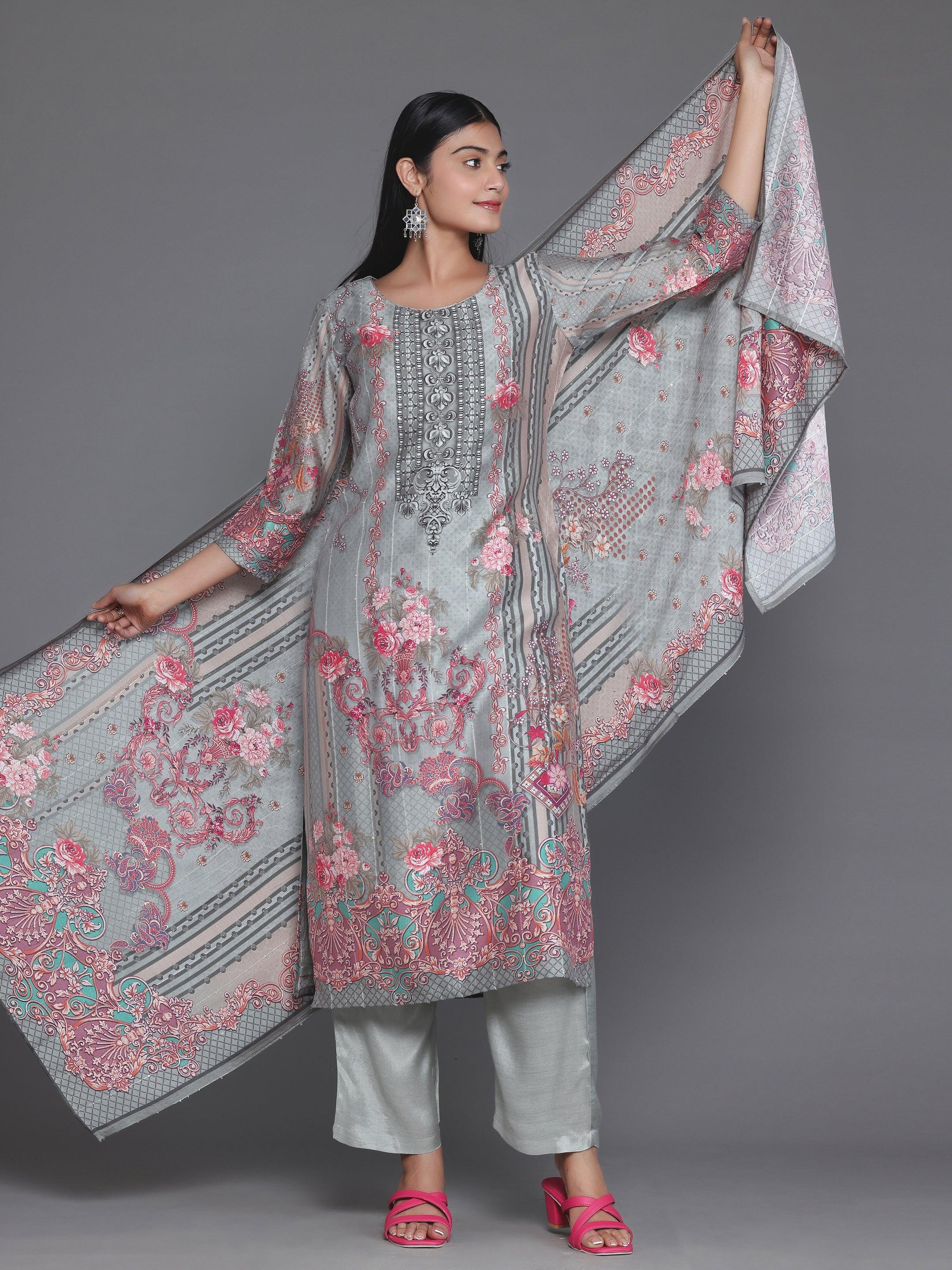 Grey Printed Silk Blend Straight Suit With Dupatta