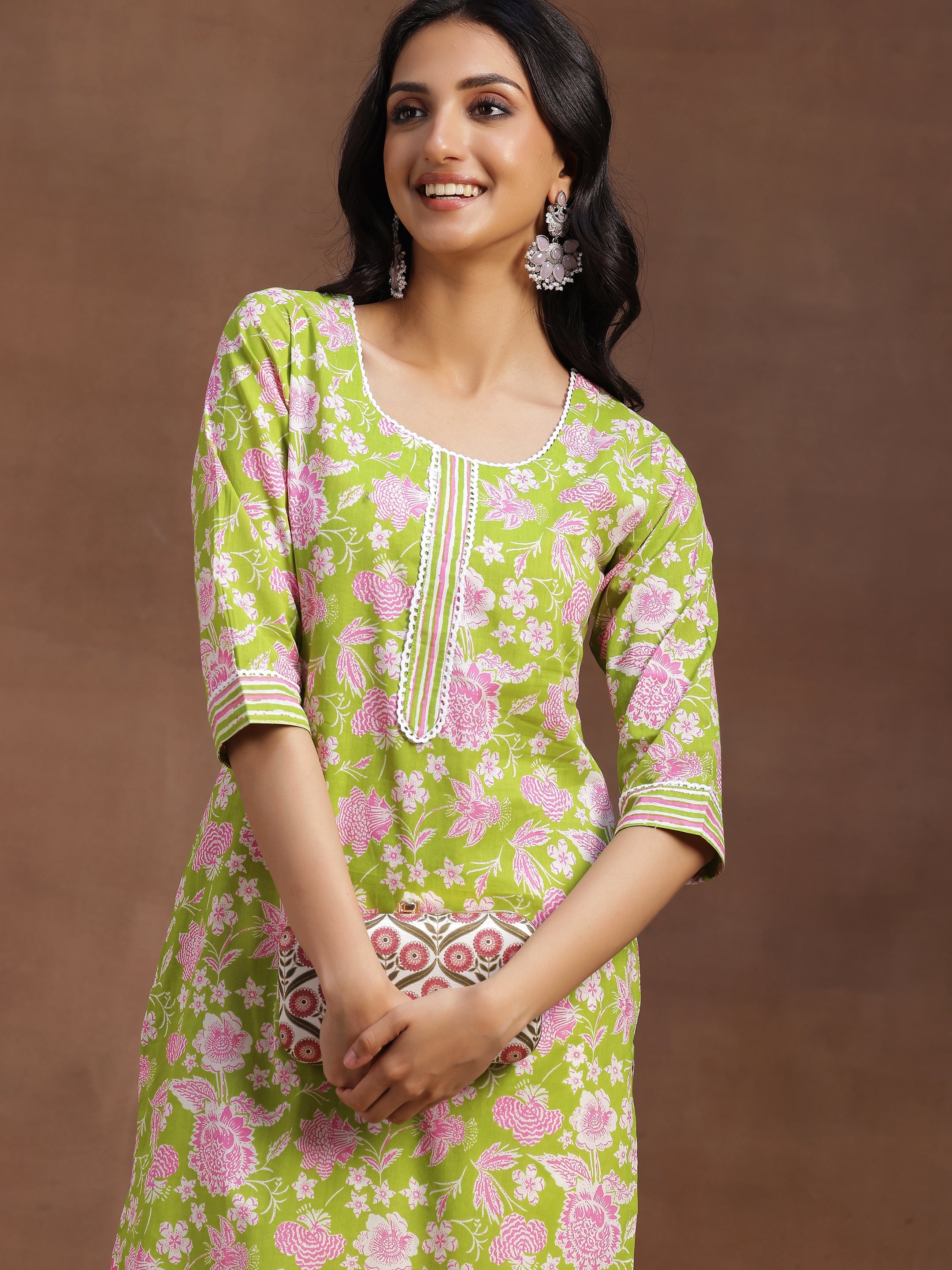 Green Printed Cotton Straight Kurta