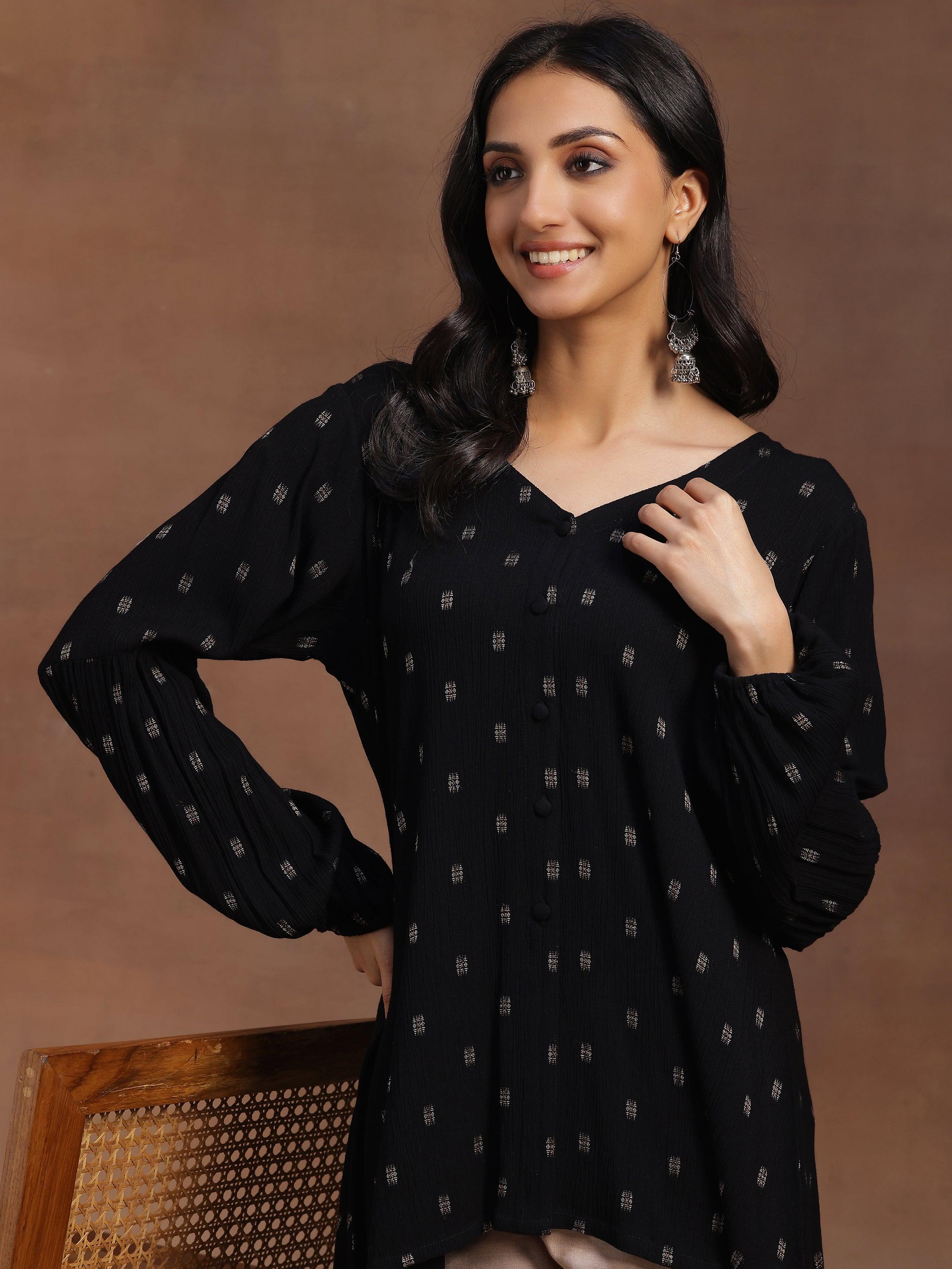 Black Woven Design Cotton A-line Kurti