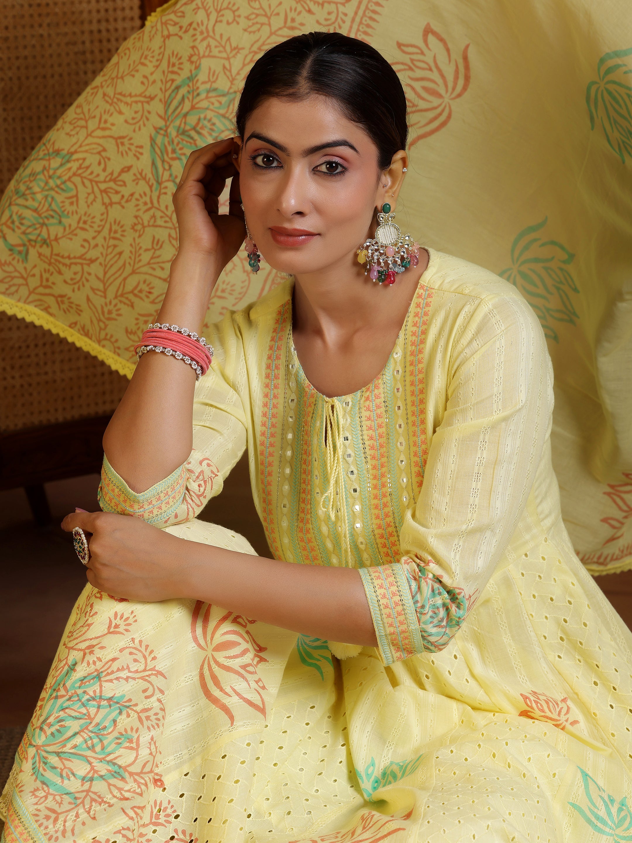 Yellow Embroidered Cotton A-Line Kurta With Trousers & Dupatta