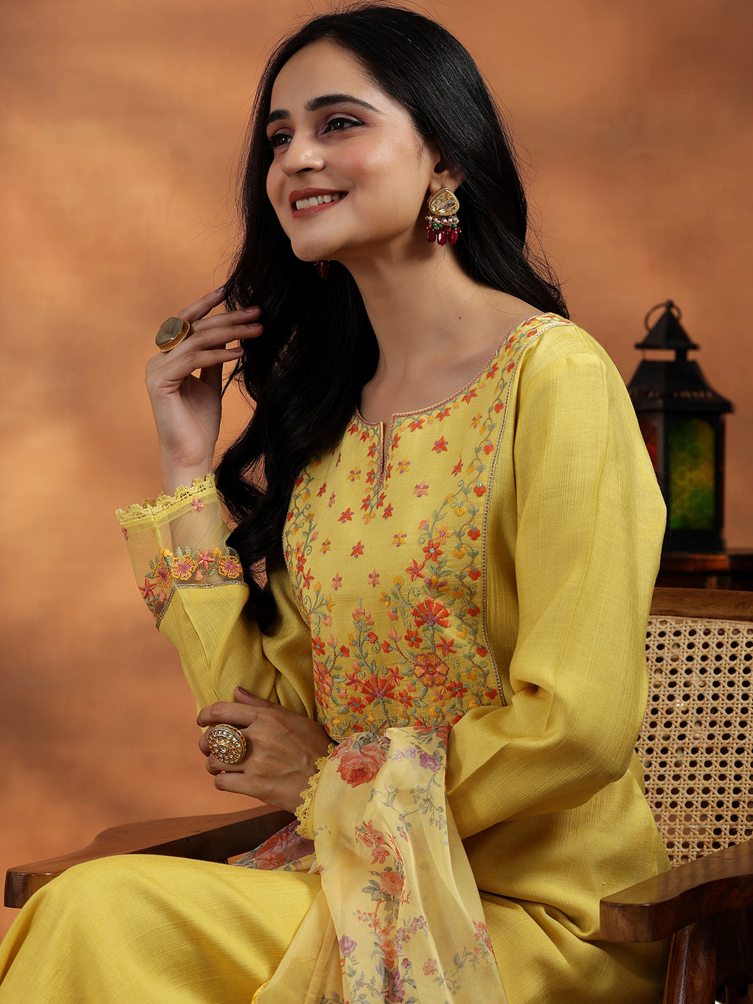 Yellow Yoke Design Silk Blend Straight Suit With Dupatta