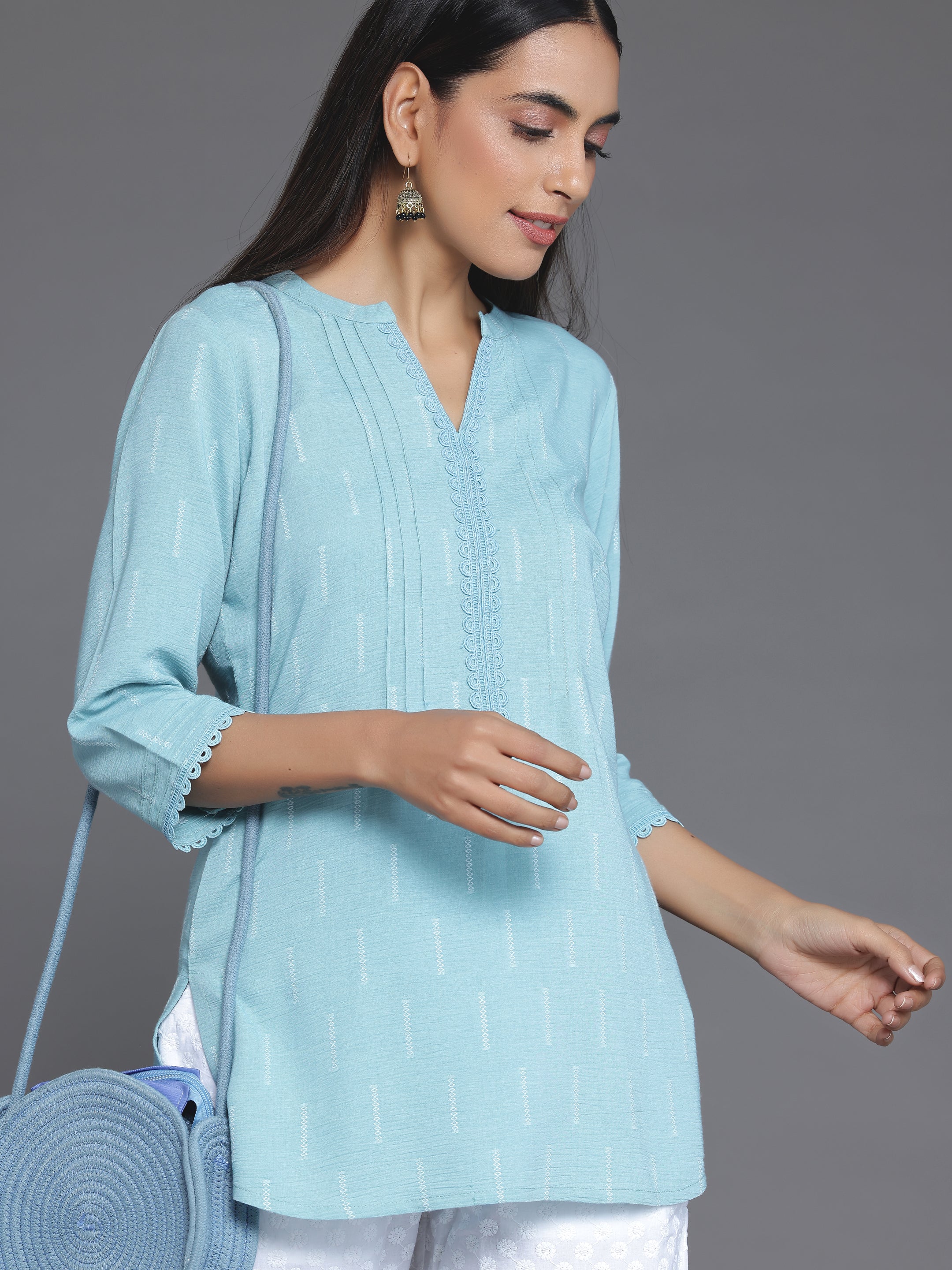 Blue Woven Design Cotton Blend Straight Kurti