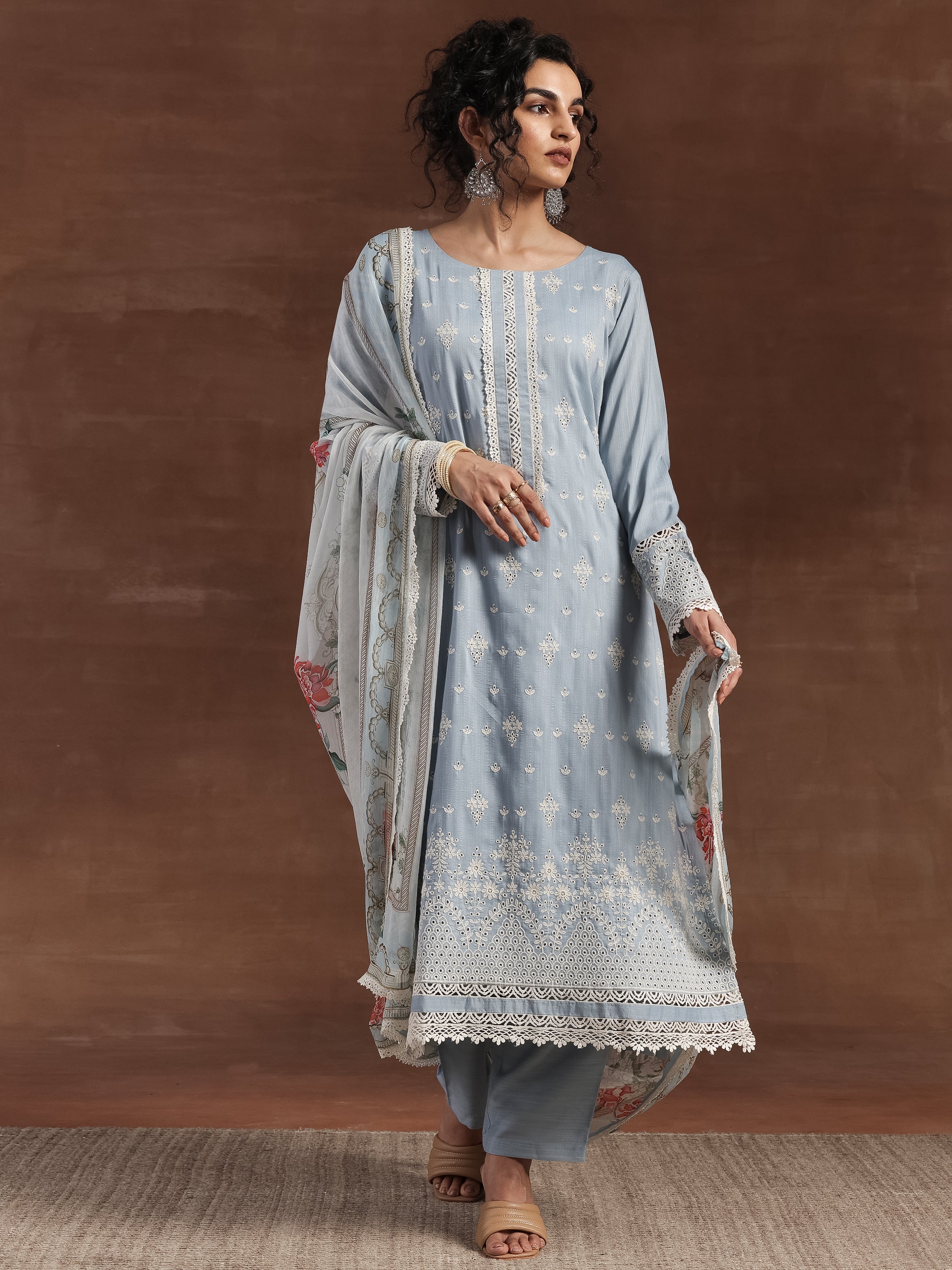 Blue Embroidered Silk Blend Straight Suit With Dupatta